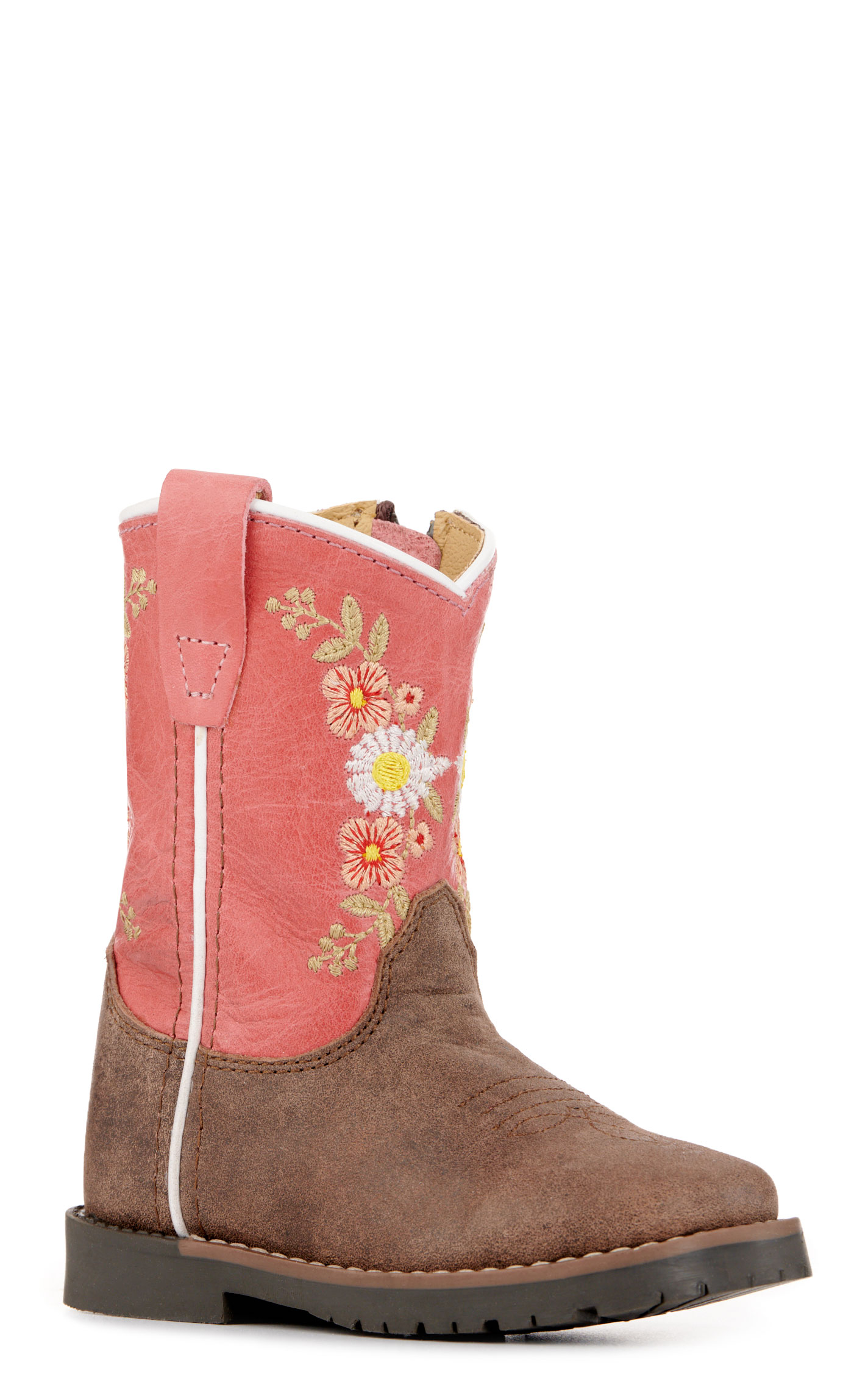 Smoky Mountain Toddler Girls Autry Coral and Chocolate Floral Wide Square Toe Cowboy Boots - Image 1