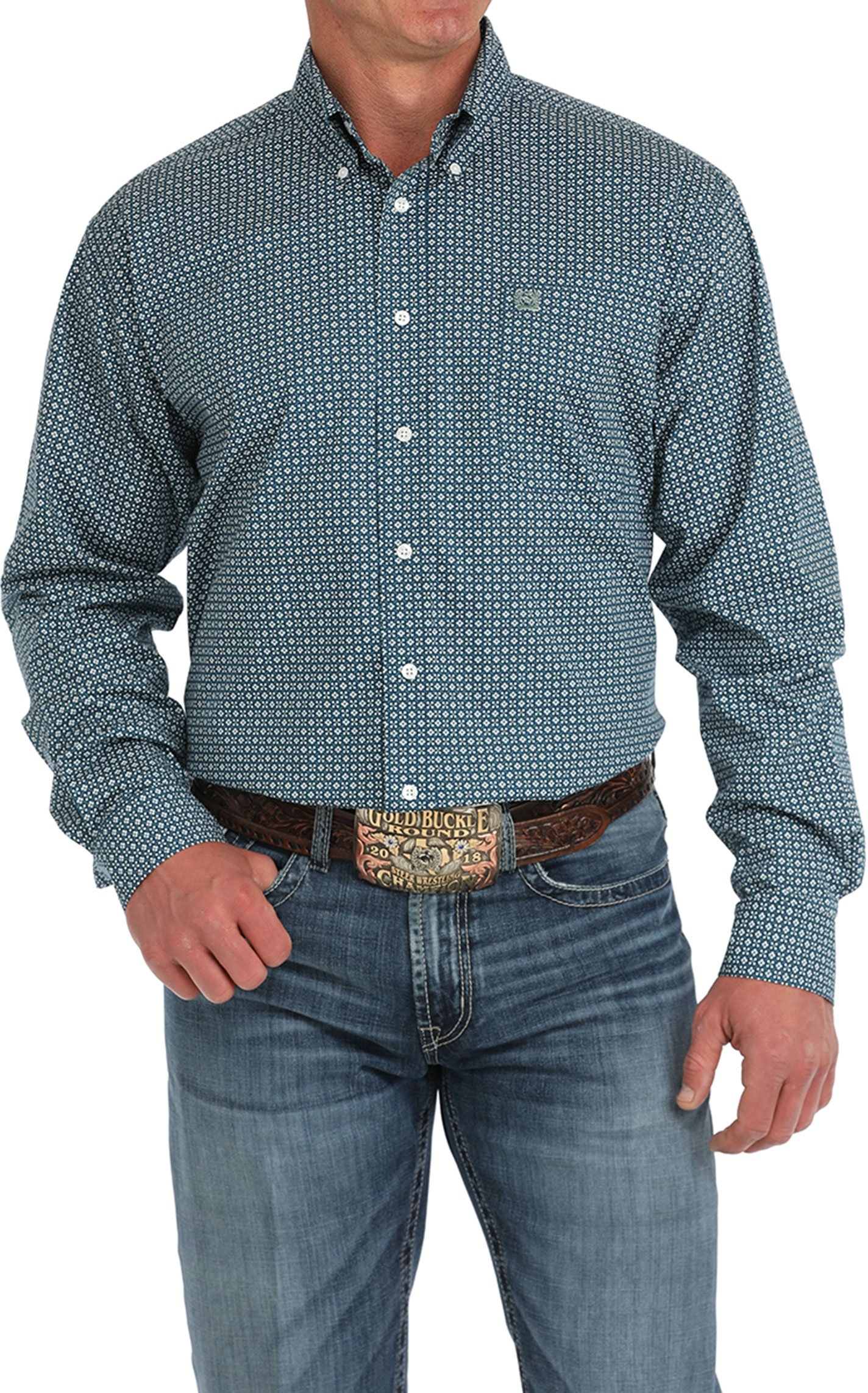 Cinch Men's Teal Blue & White Geo Print Western Shirt - Image 1