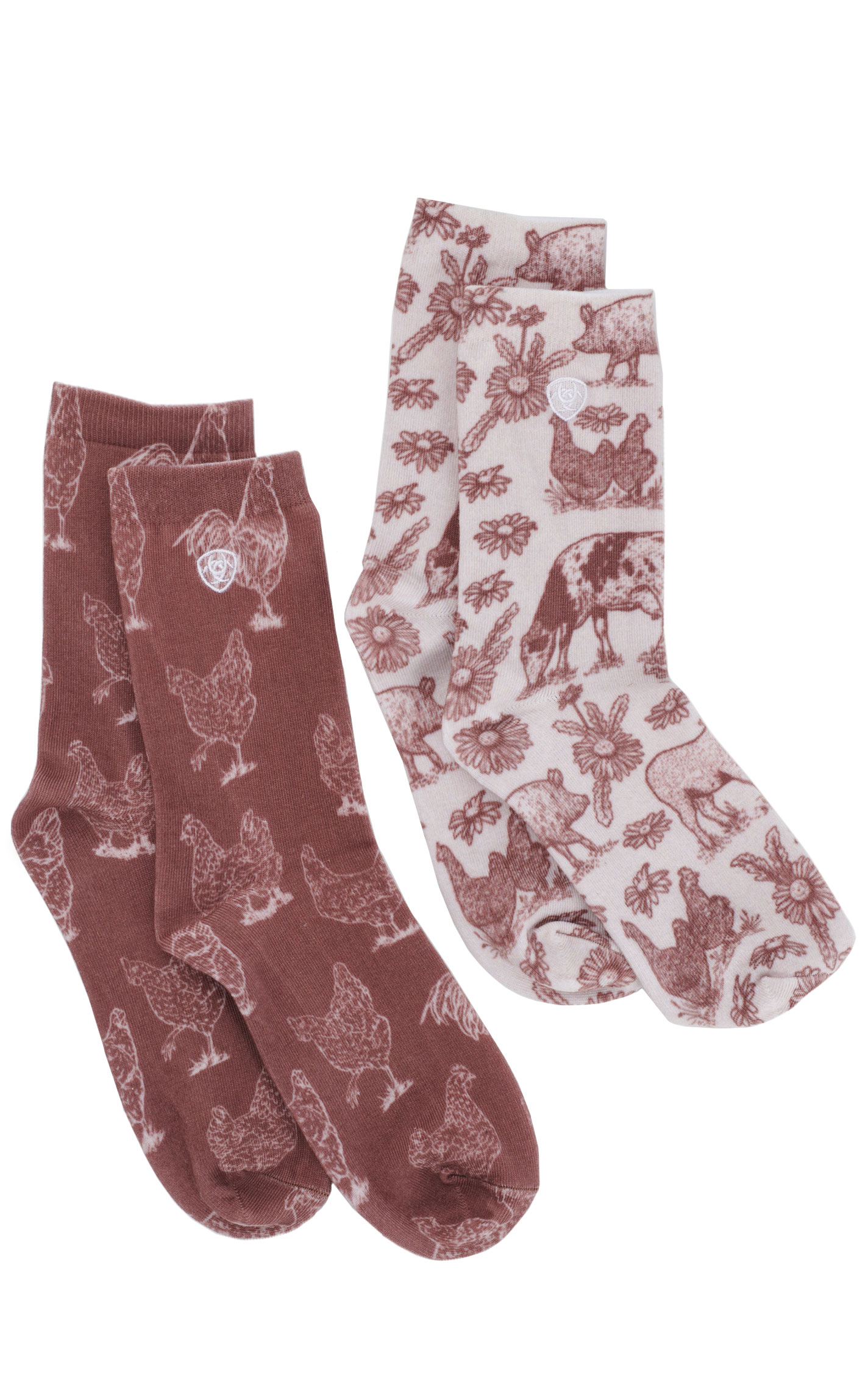 Ariat Women's Chestnut & Cream Barnyard Print 2-Pack Crew Socks - Image 1