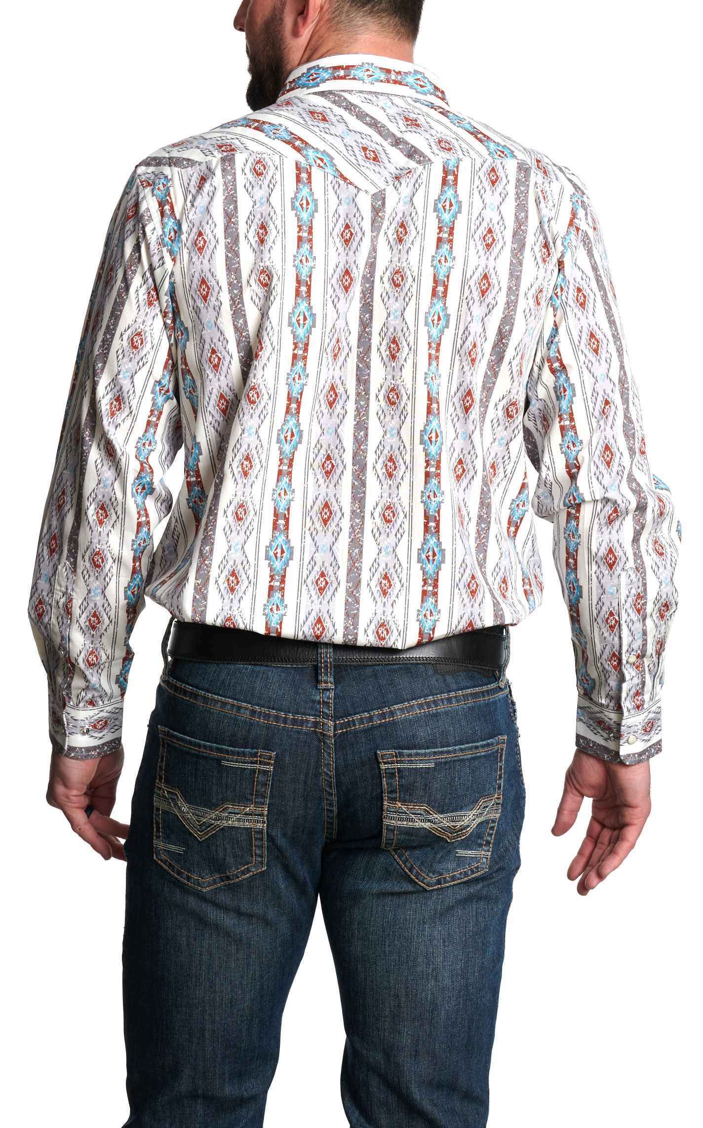 Panhandle Men’s Gray, Turquoise, and Rust Aztec Western Shirt - Image 1