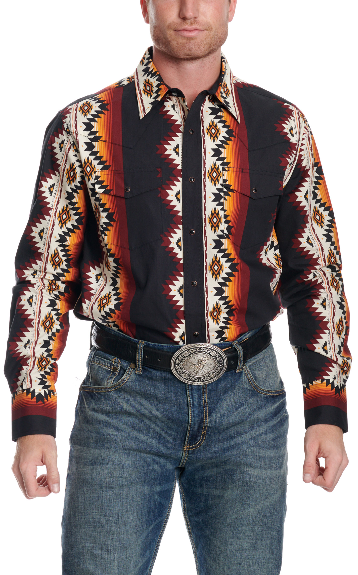 Checotah Men's Black Aztec Print Western Shirt - Image 1