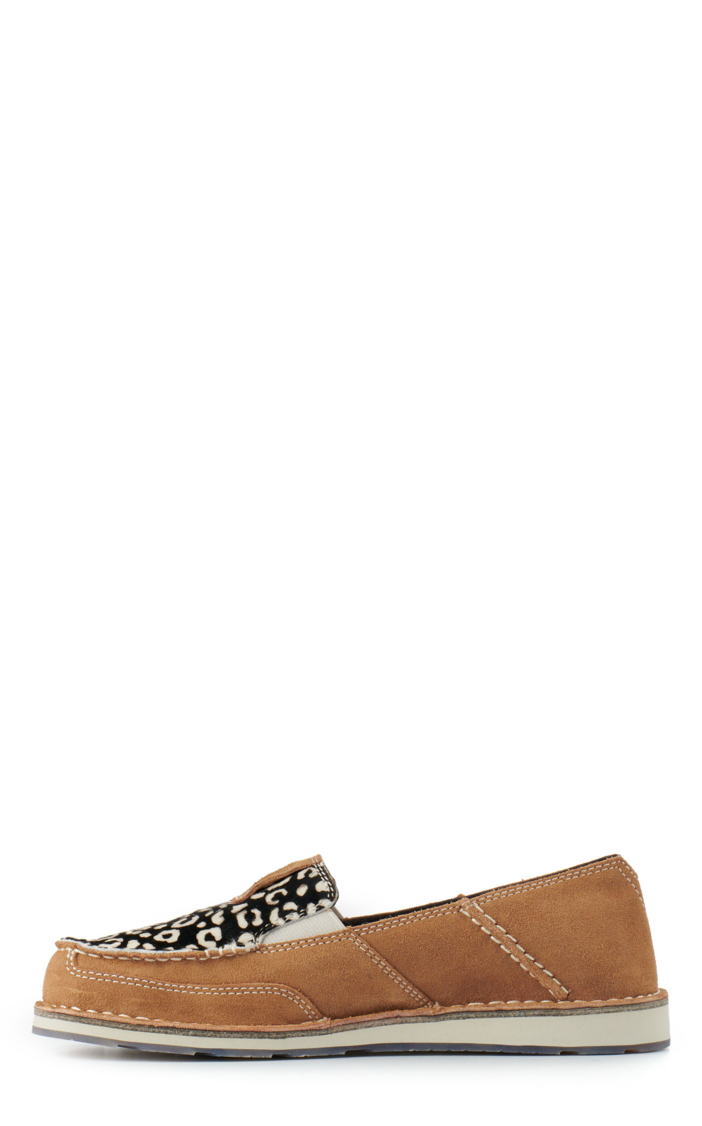 Ariat Ladies Cruiser Dark Tan Suede and Cheetah Print Hair Moc Toe Casual Shoes - Image 1