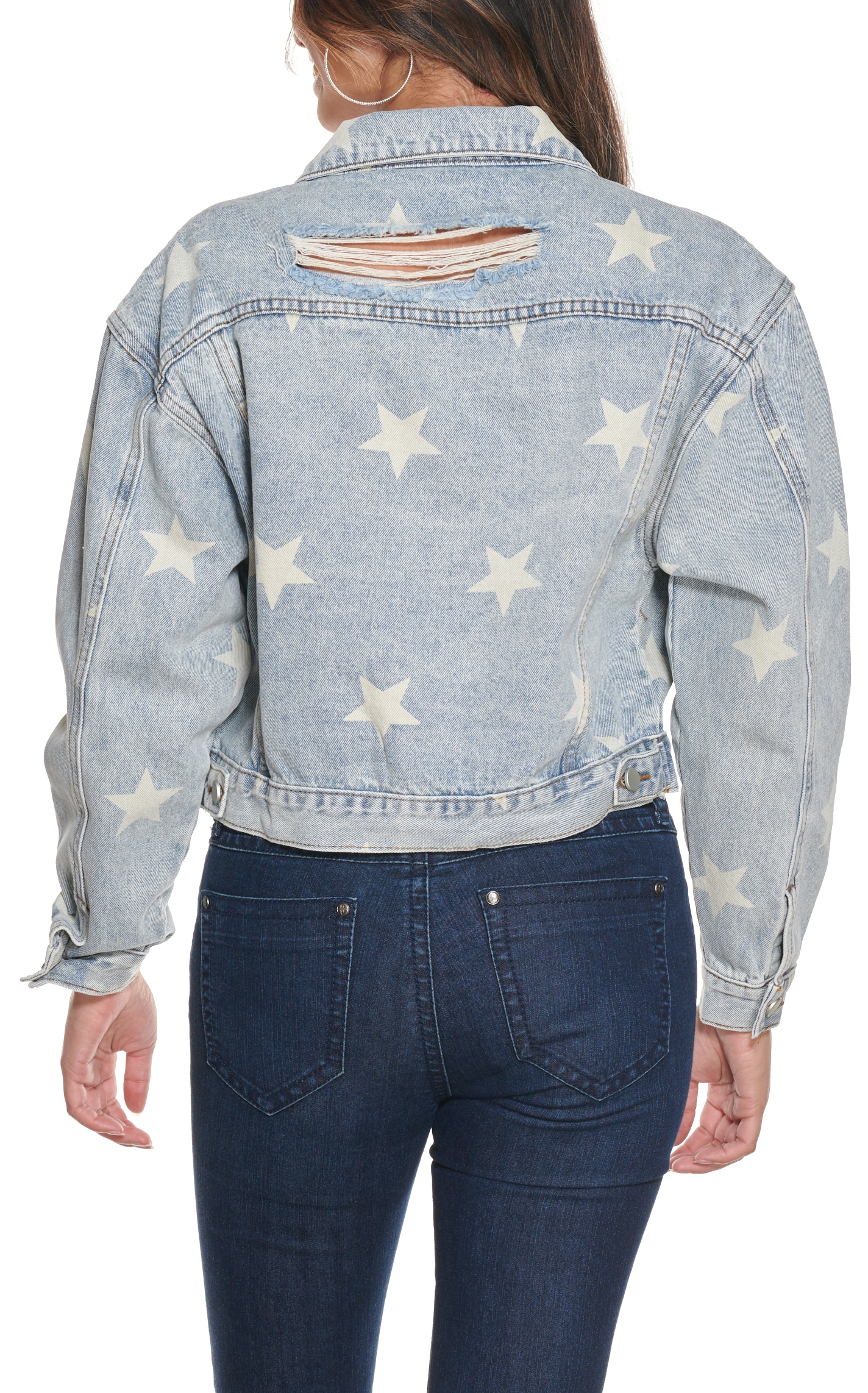 Blue B Women's Light Wash White Star Print Distressed Denim Jacket - Image 1