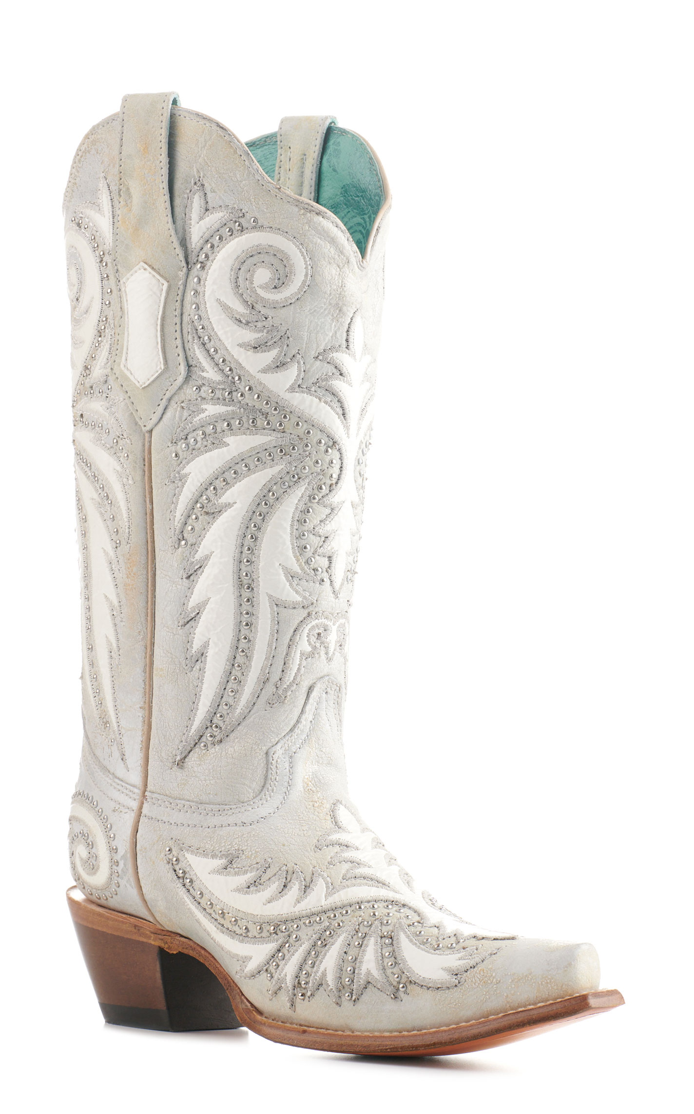 Corral Women's Distressed White with White Overlay and Studs Snip Toe Cowboy Boots - Image 1