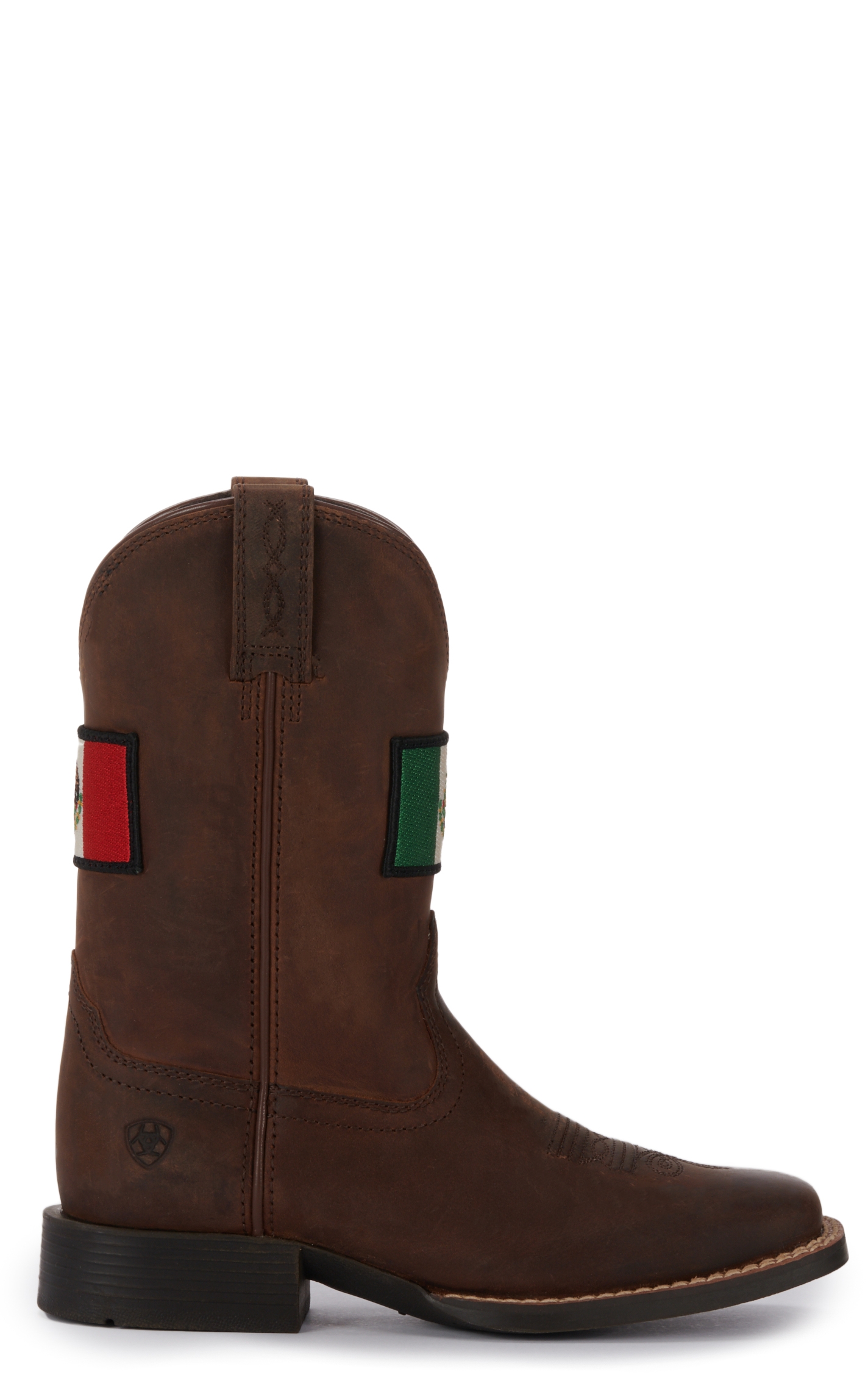 Ariat Youth Leather Distressed Brown with Mexican Flag Patch Wide Square Toe Boots - Image 1