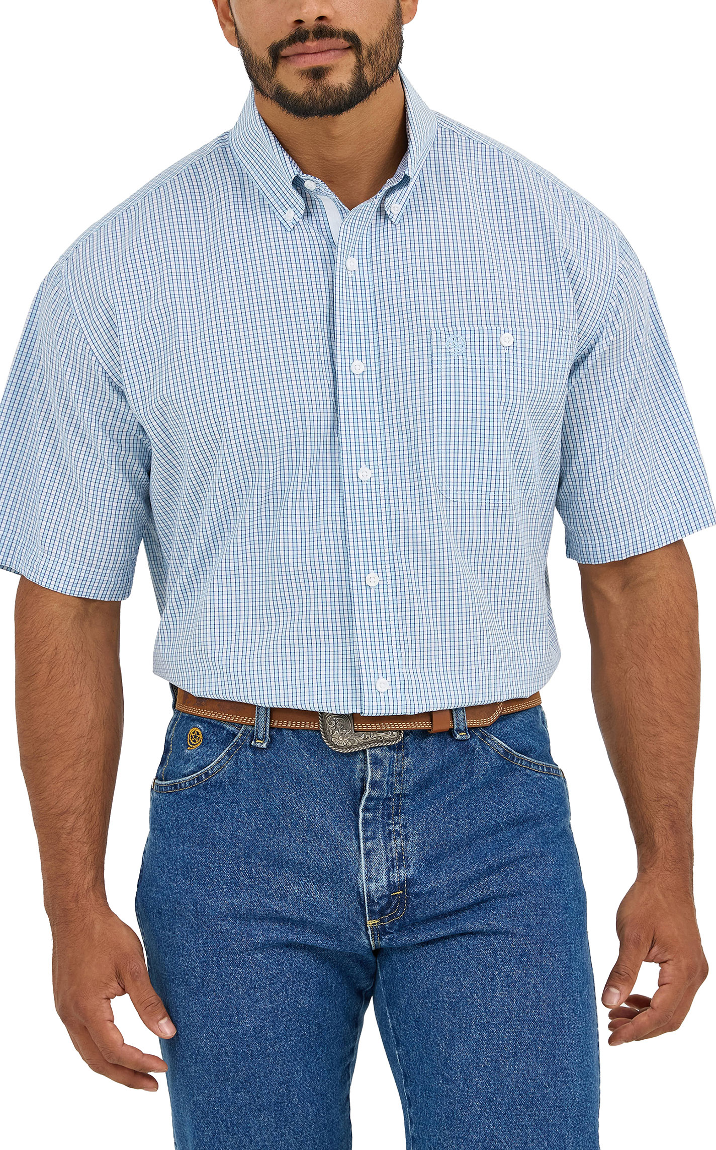 Wrangler Men's George Strait Collection Blue Mini Plaid Western Shirt - Image 1