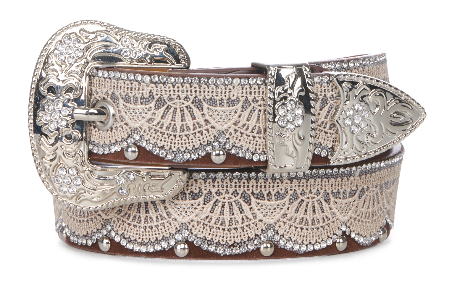 Angel Ranch Girls' Brown Lace, Crystal and Stud Western Belt - Image 1