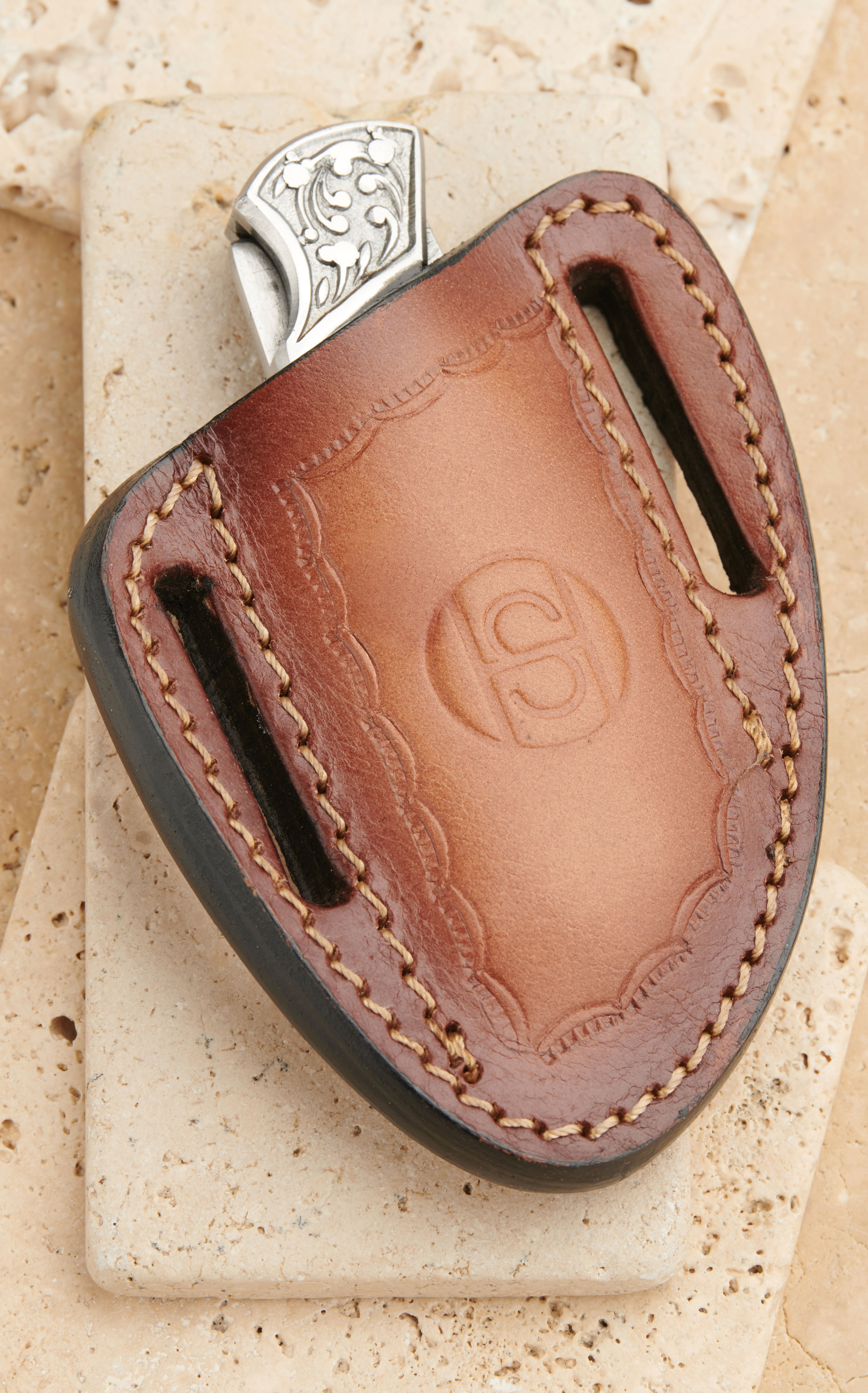 Circle SH Cutlery Damascus Steel Blade Buffalo Horn Handle Lock Back Blade Knife & Sheath - Image 3
