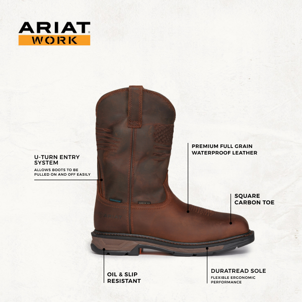 Ariat Men's WorkHog XT Patriot Distressed Brown Embroidered Flag Waterproof Square Carbon Toe Work Boot - Image 1