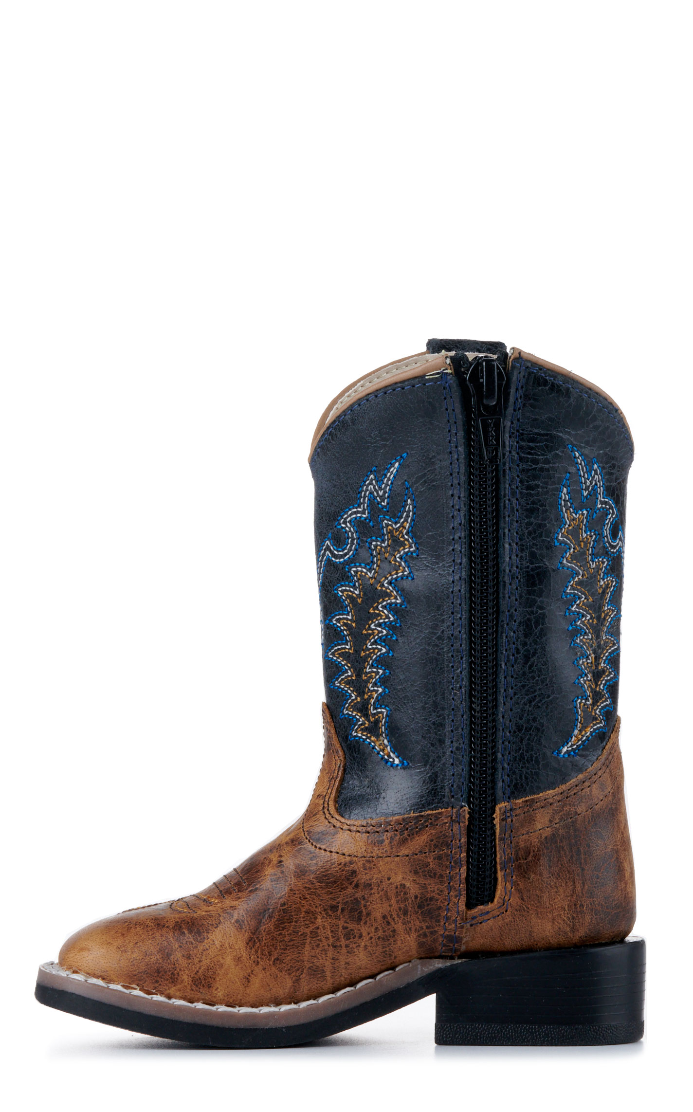 Old West Toddler Burnt Tan and Navy Blue Wide Square Toe Cowboy Boots - Image 1