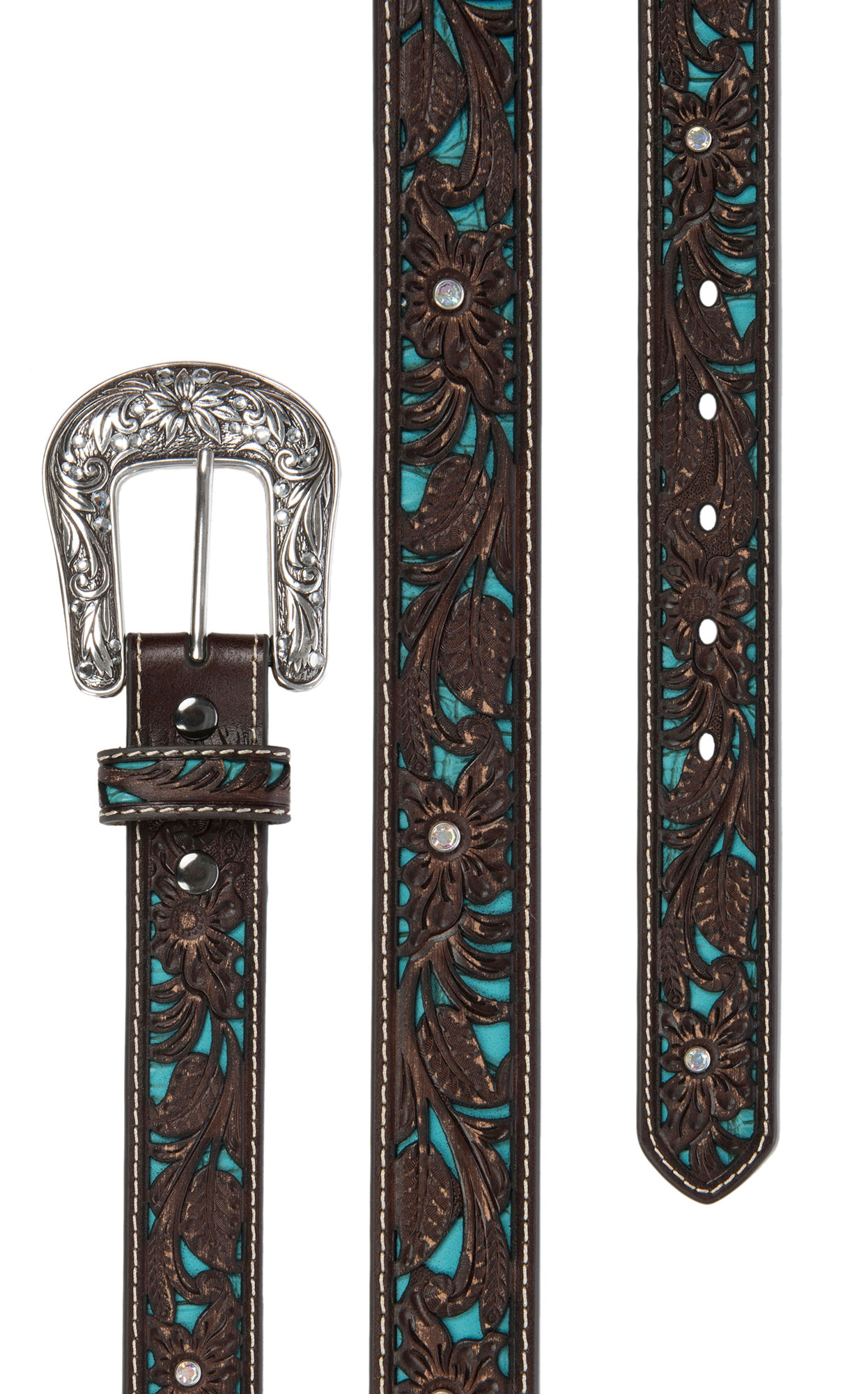 Children's Ariat Brown & Turquoise with Floral Overlay Western Belt - Image 1