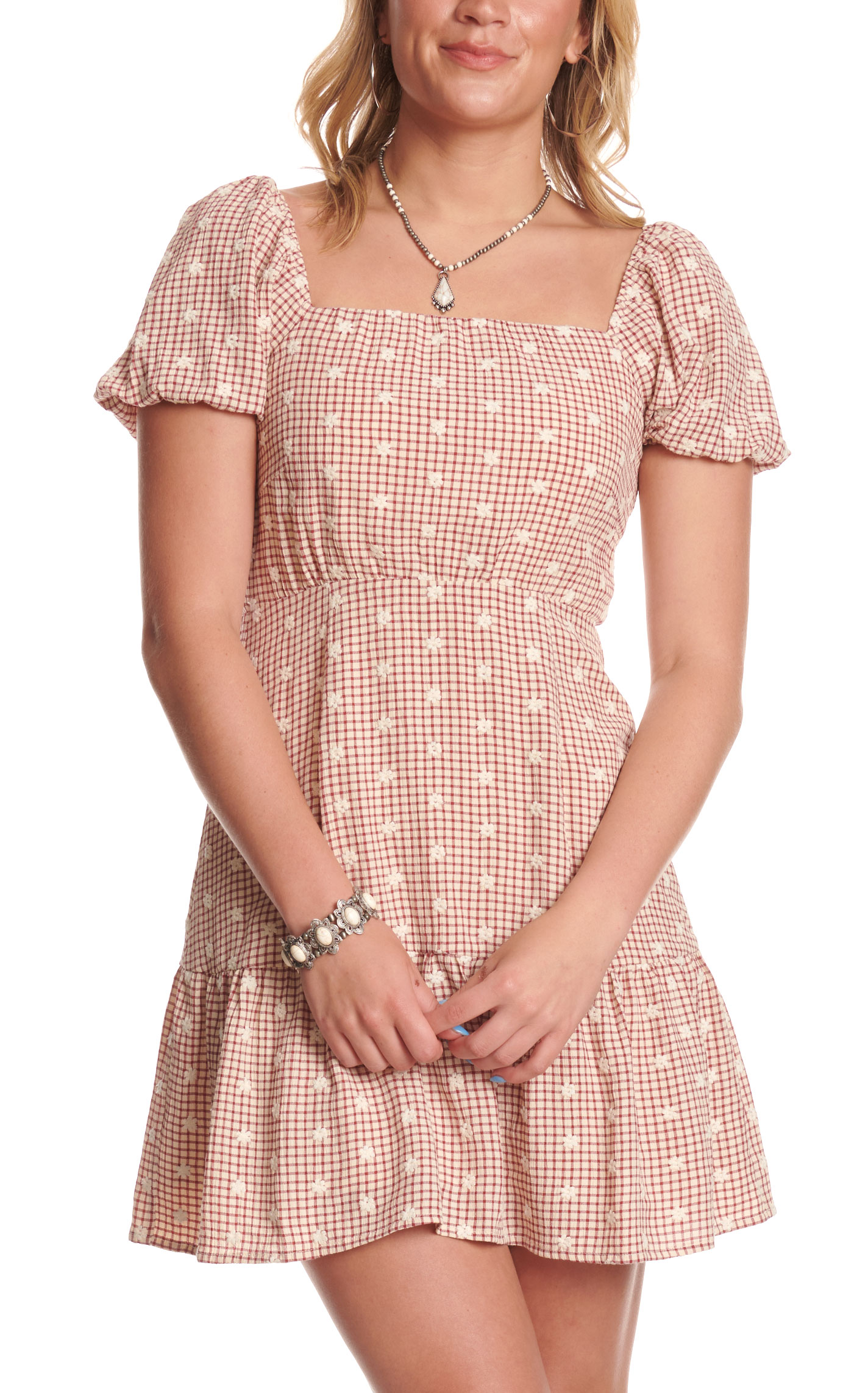 Yura Women's Burgundy & Ivory Floral Gingham Print Dress - Image 1
