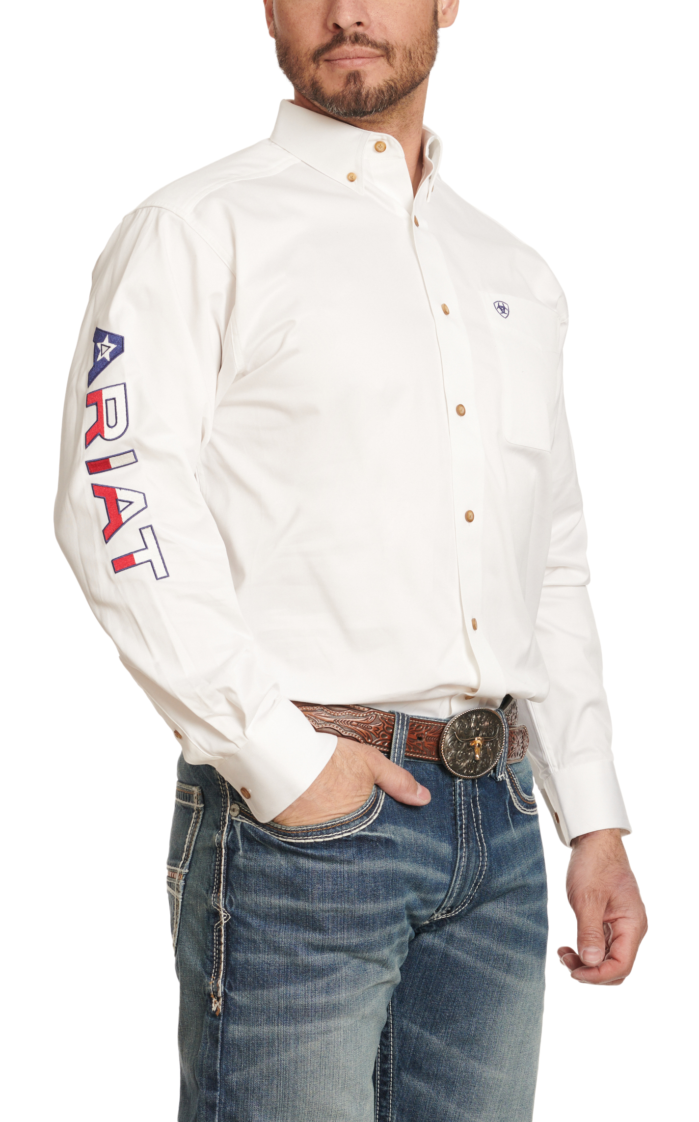 Ariat Men's Team White & Texas Flag Logo Western Shirt  - Image 1