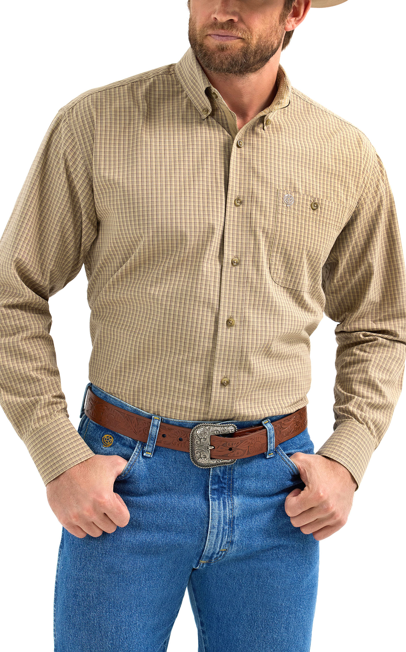 Wrangler Men's George Strait Collection Coffee & Chocolate Plaid Western Shirt - Image 1
