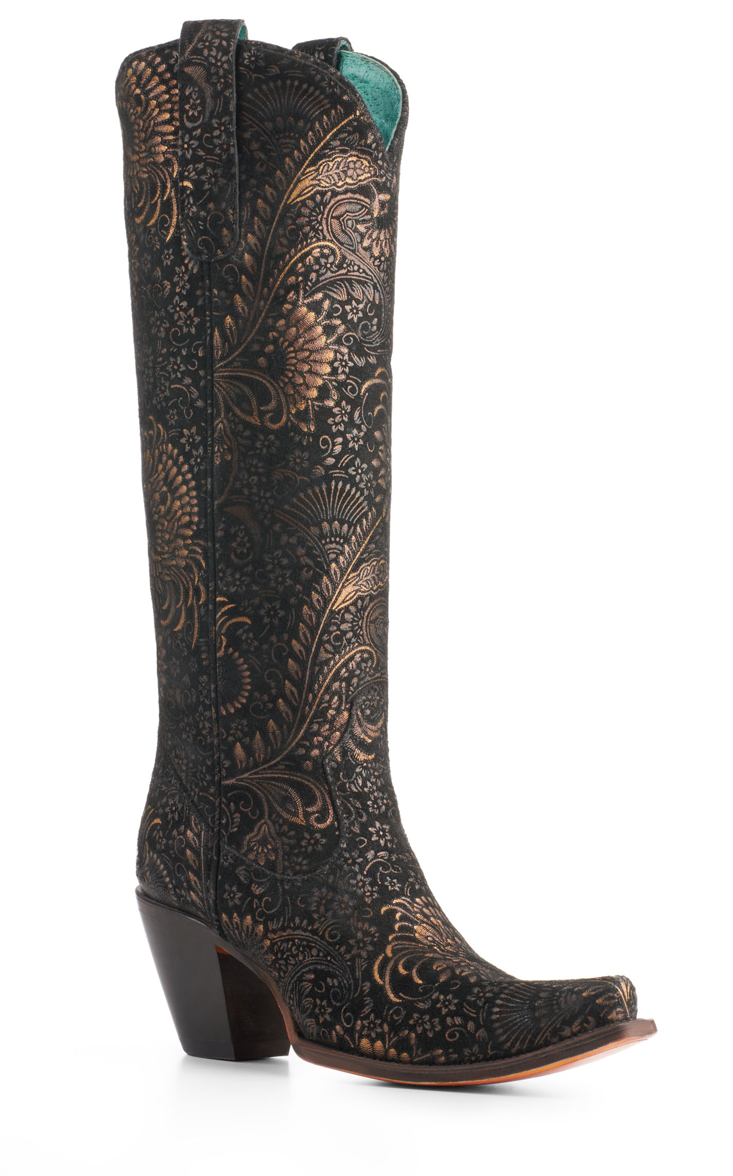 Corral Women's Black and Gold Floral Stamped Suede Snip Toe Cowboy Boots - Image 1