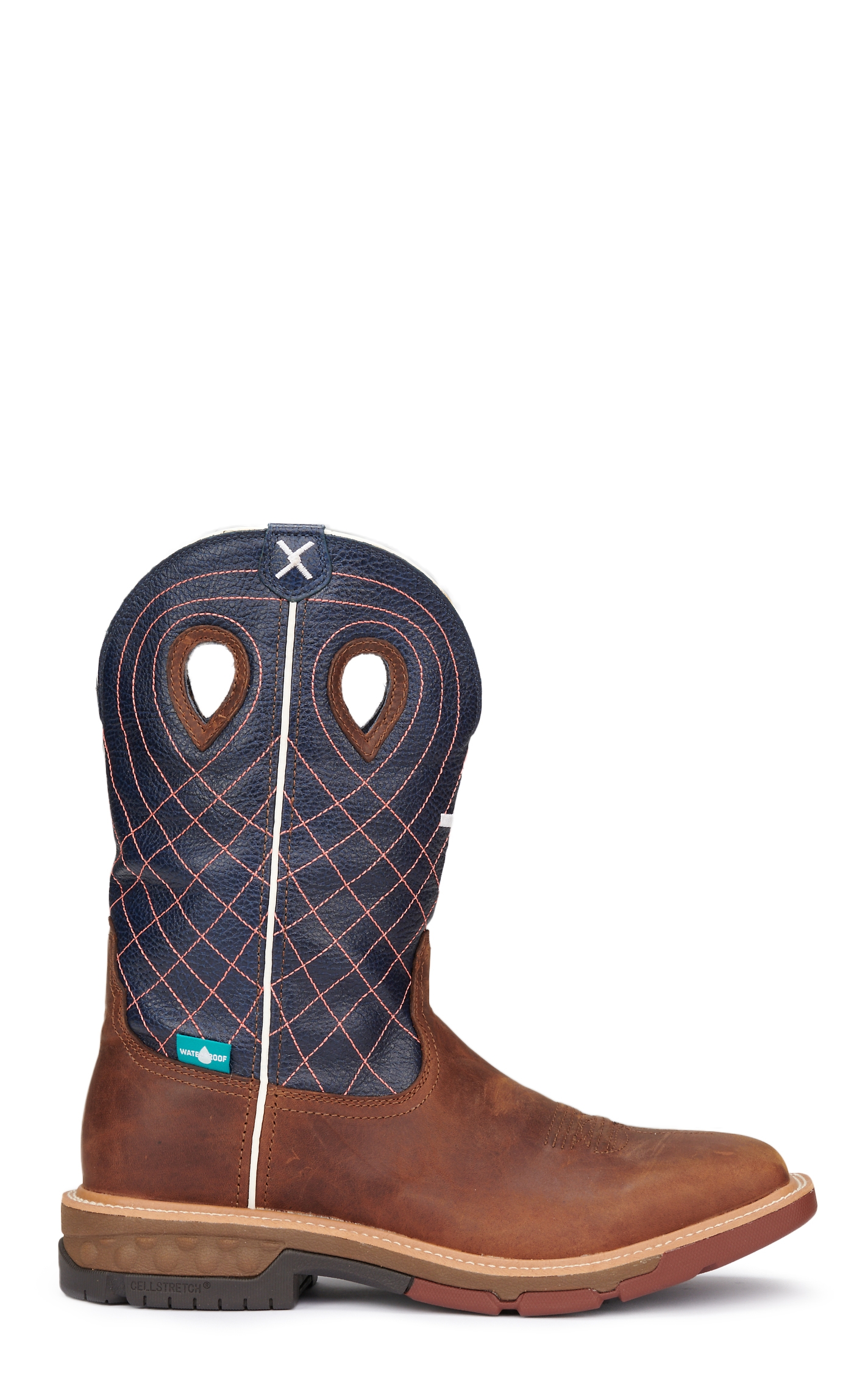 Twisted X Men's Brown and Navy with Cross Embroidery CellStretch Square Toe Work Boot - Image 1