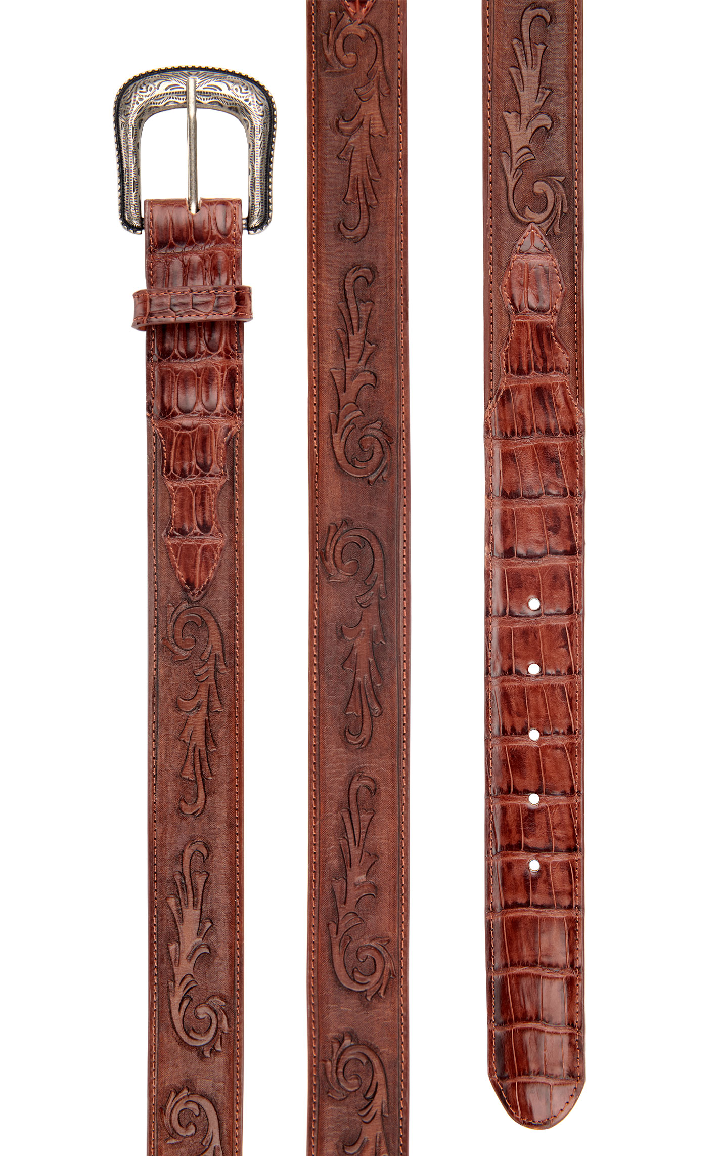 Cavender's Men's Brandy Caiman Print & Hand-Tooled Scrolling Print Western Belt - Image 1
