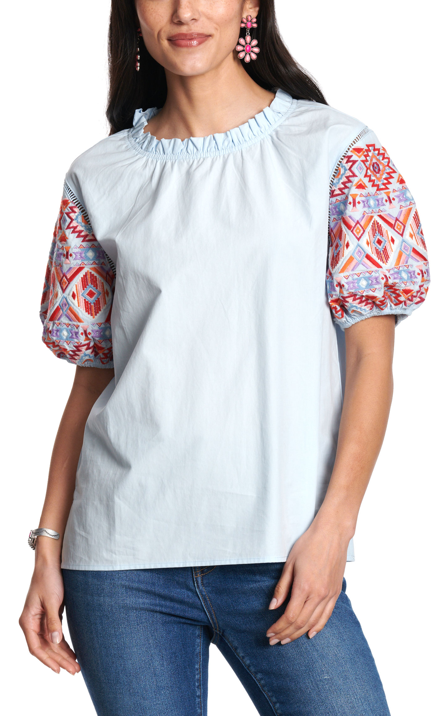 Rockin C Women's Pale Sky & Aztec Embroidered Top - Image 1