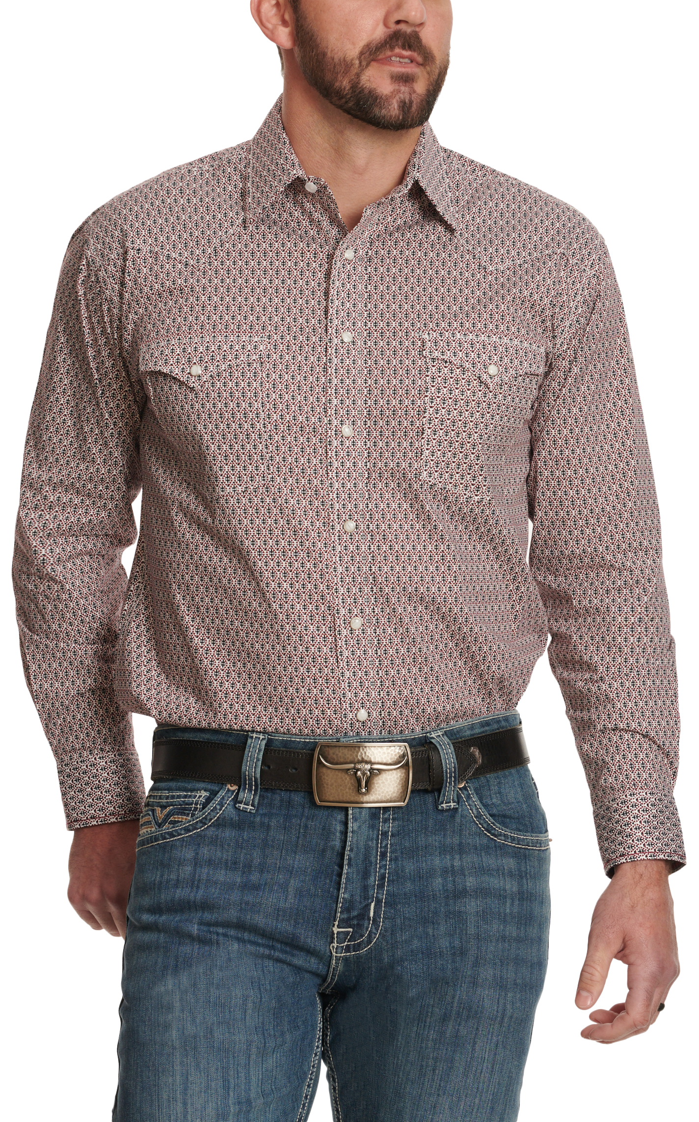 Panhandle Men's Rough Stock Dark Burgundy & Navy Aztec Western Shirt - Image 1