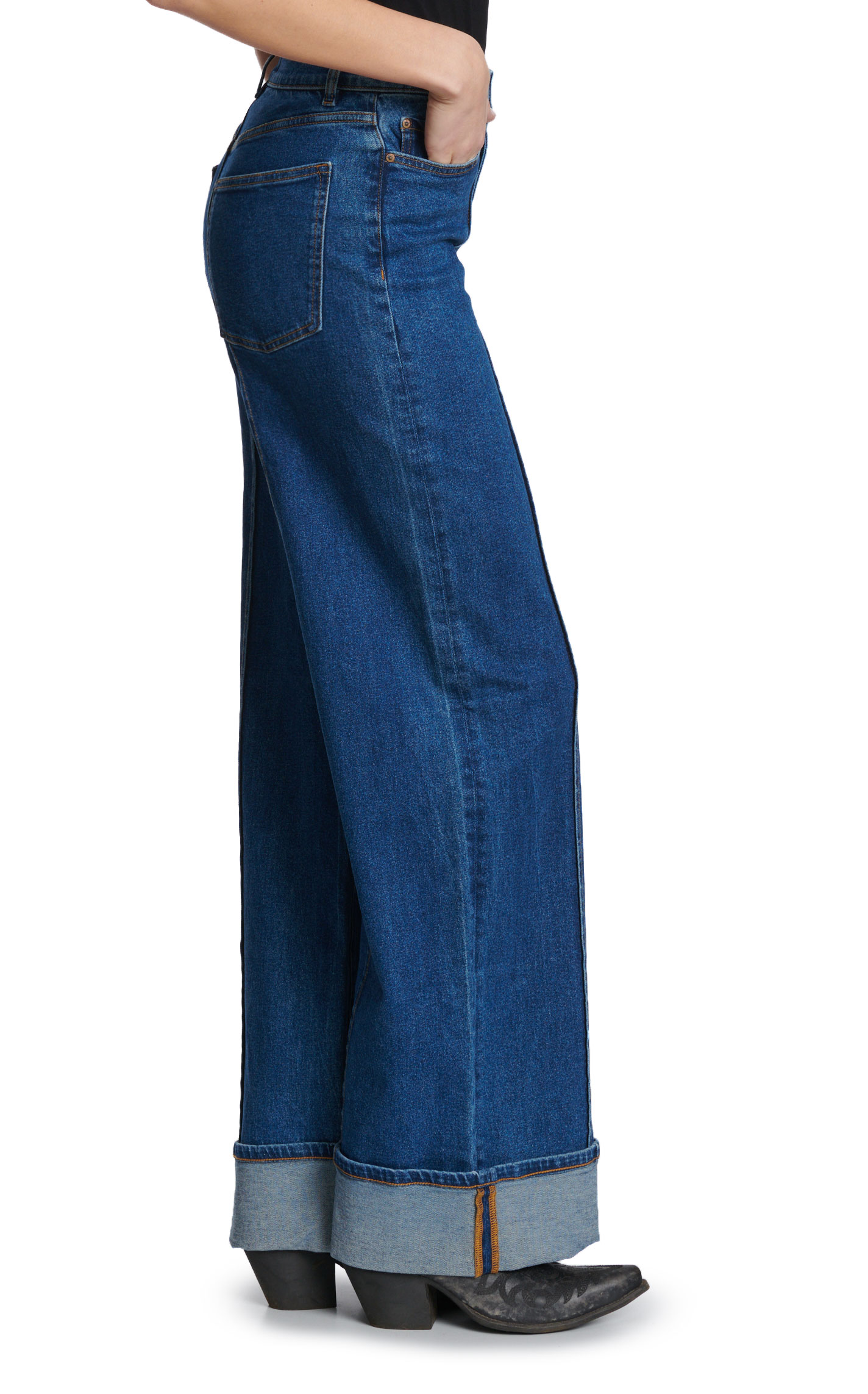 Warp + Weft Women's Dark Wash Wide Leg Seam Cuff Jeans - Image 1