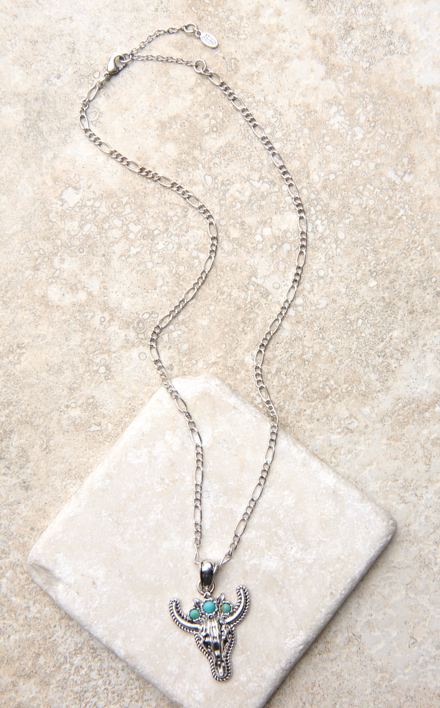 Justin Silver Skull & Turquoise Crown Pendant Necklace - Image 1
