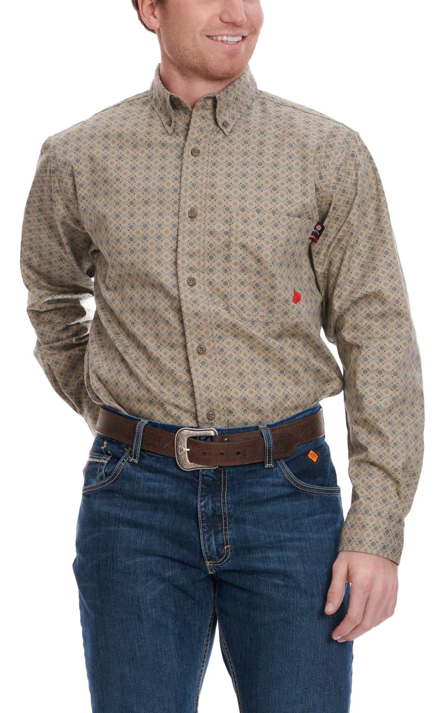 Forge Men's Gray Taupe Antique Gold & Blue Geo Print Long Sleeve FR Work Shirt - Image 2