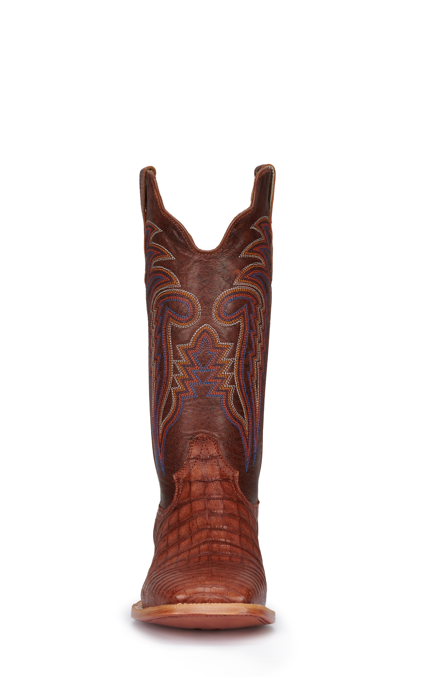 R Watson Men's Antique Cognac Caiman Belly Wide Square Toe Exotic Cowboy Boots - Image 1