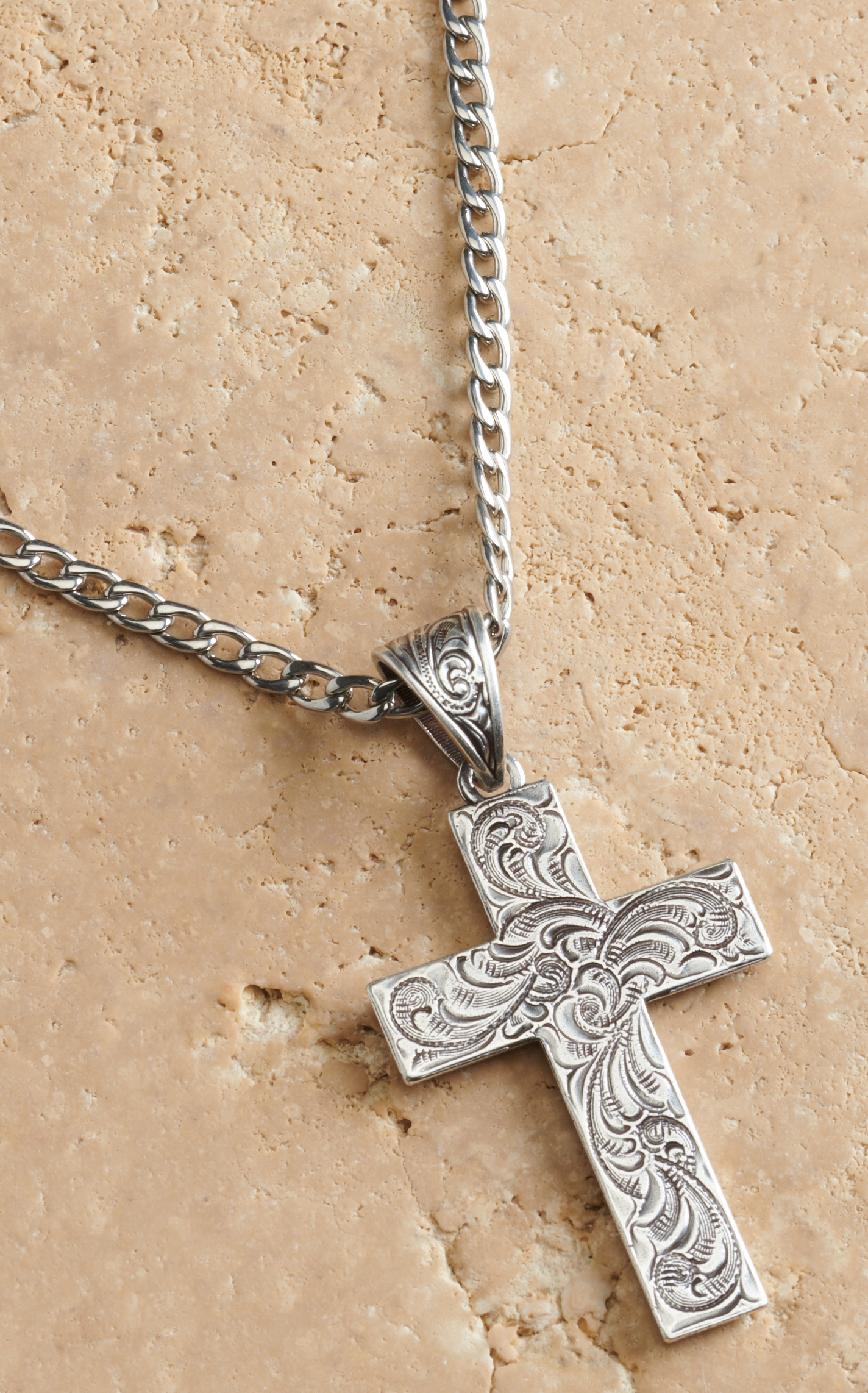 Twister Men's Silver with Floral Scroll Cross Necklace - Image 1