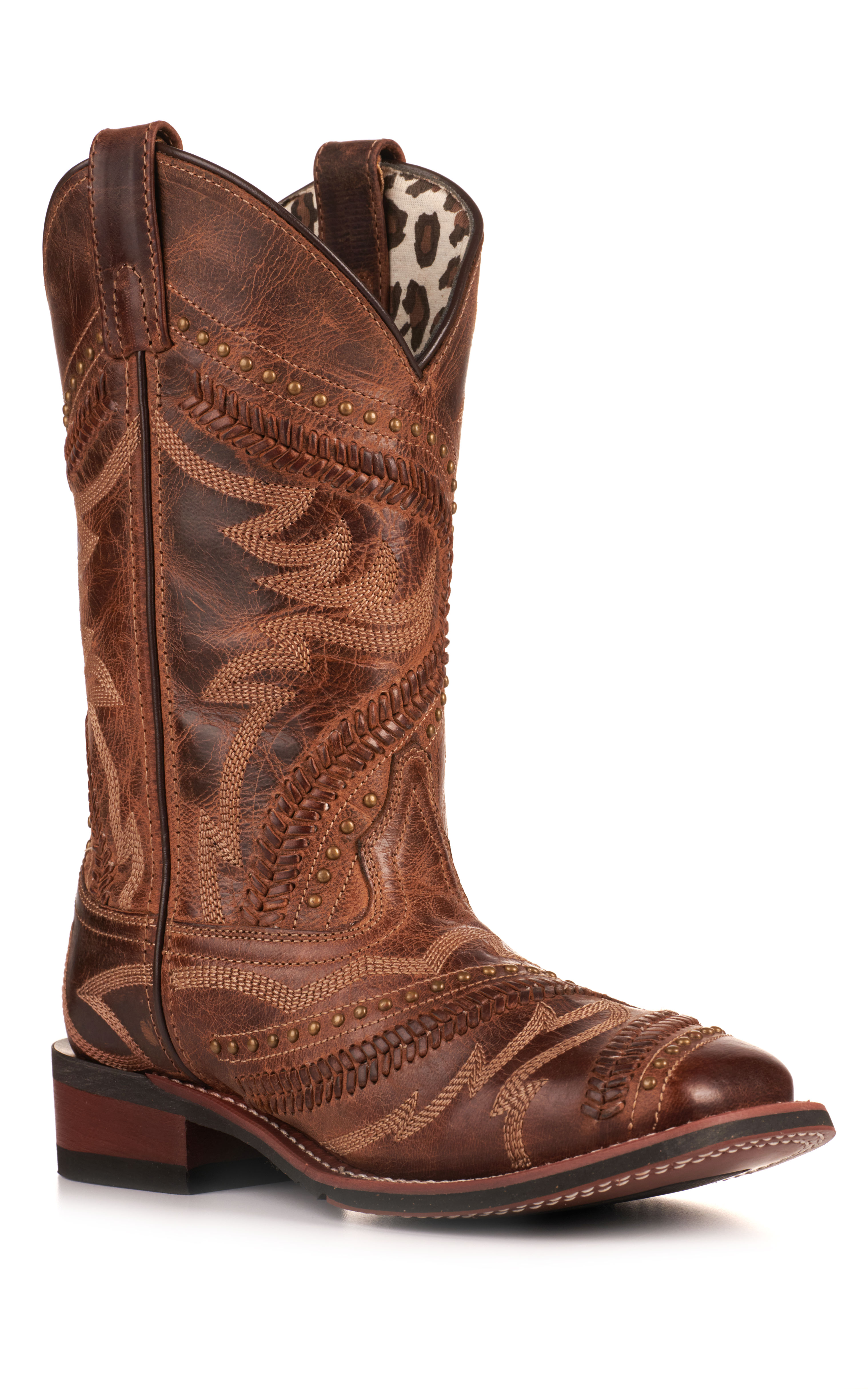 Laredo Women's Charli Brown with Lacing and Studs Wide Square Toe Cowboy Boots - Image 1