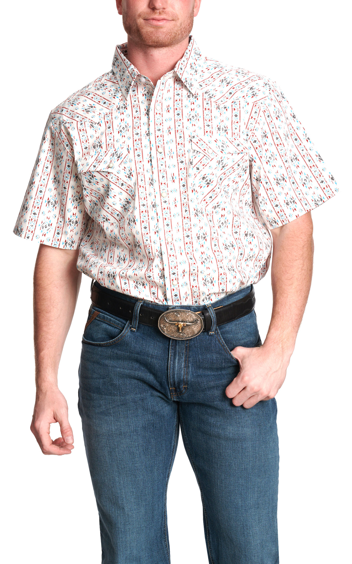 Panhandle Slim Men's White Aztec Print Short Sleeve Western Shirt - Image 1