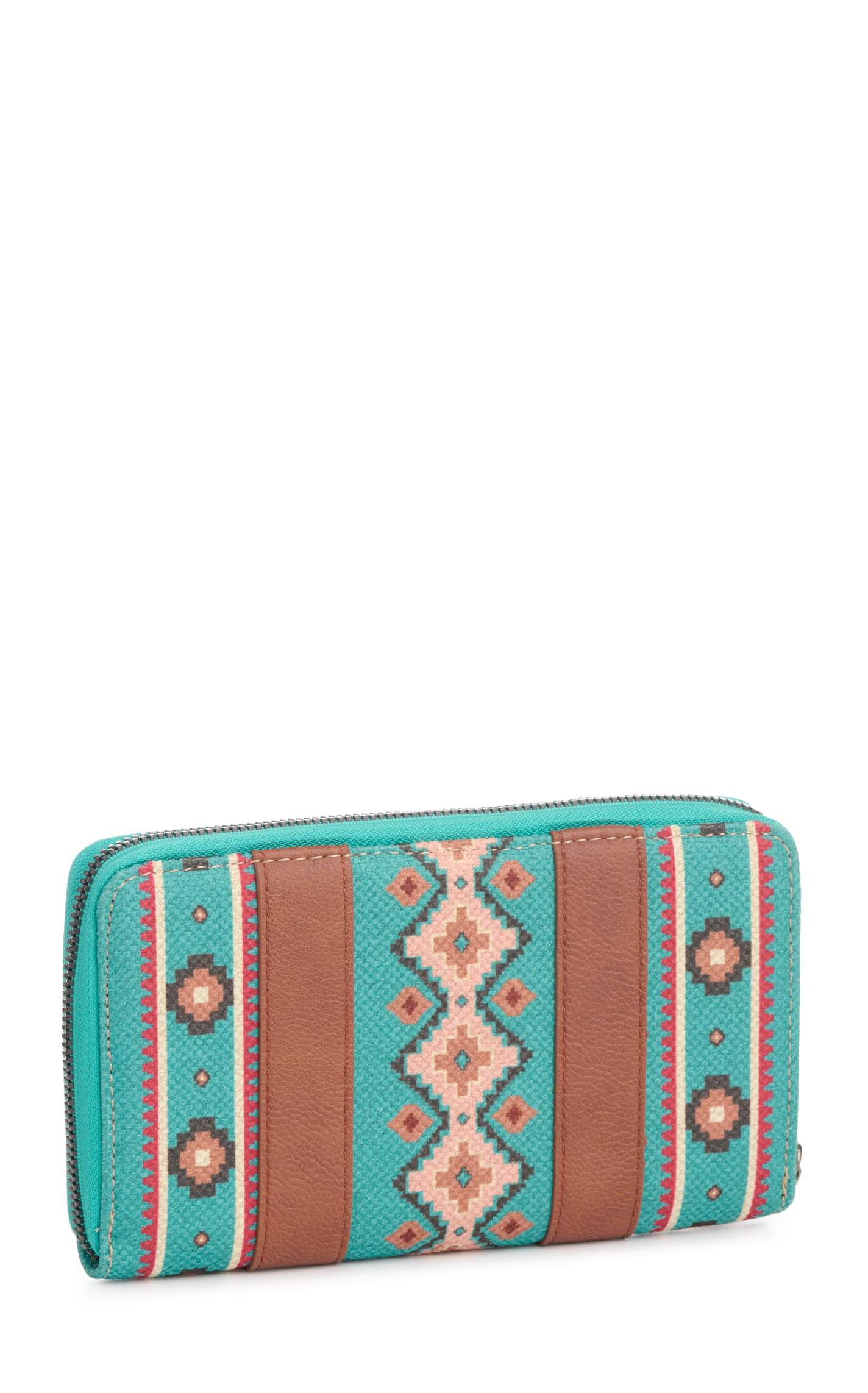Wrangler Turquoise-Green Aztec Print Canvas & Leather Wristlet Wallet - Image 1