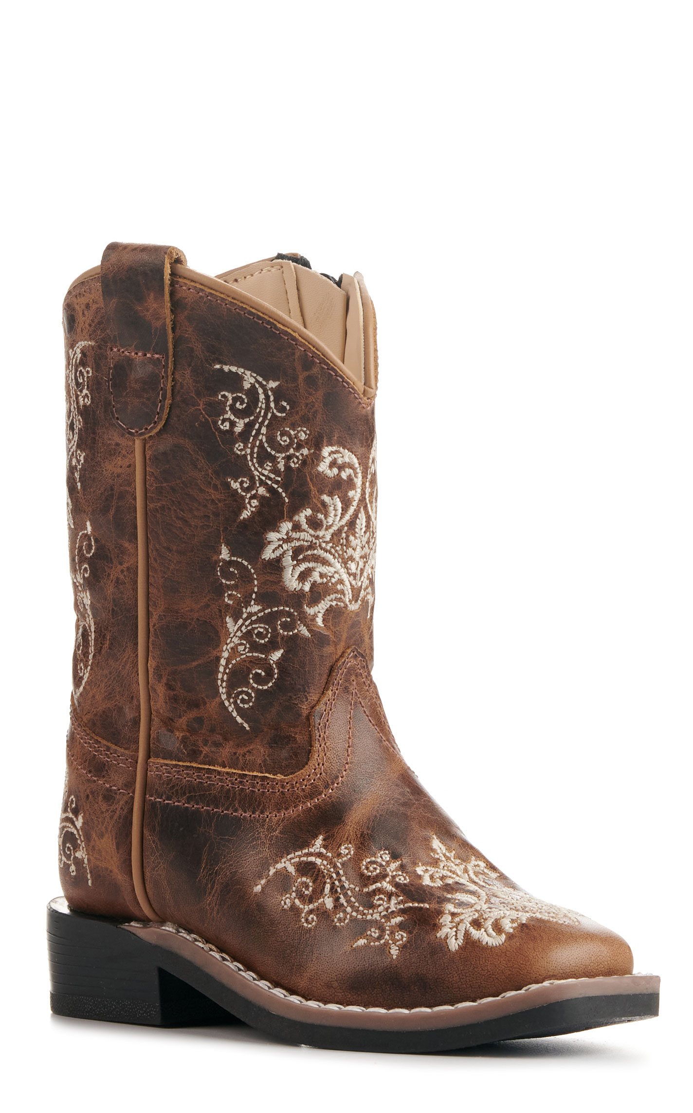 Old West Toddlers' Burnt Tan with Cream Embroidery Wide Square Toe Cowboy Boots - Image 1