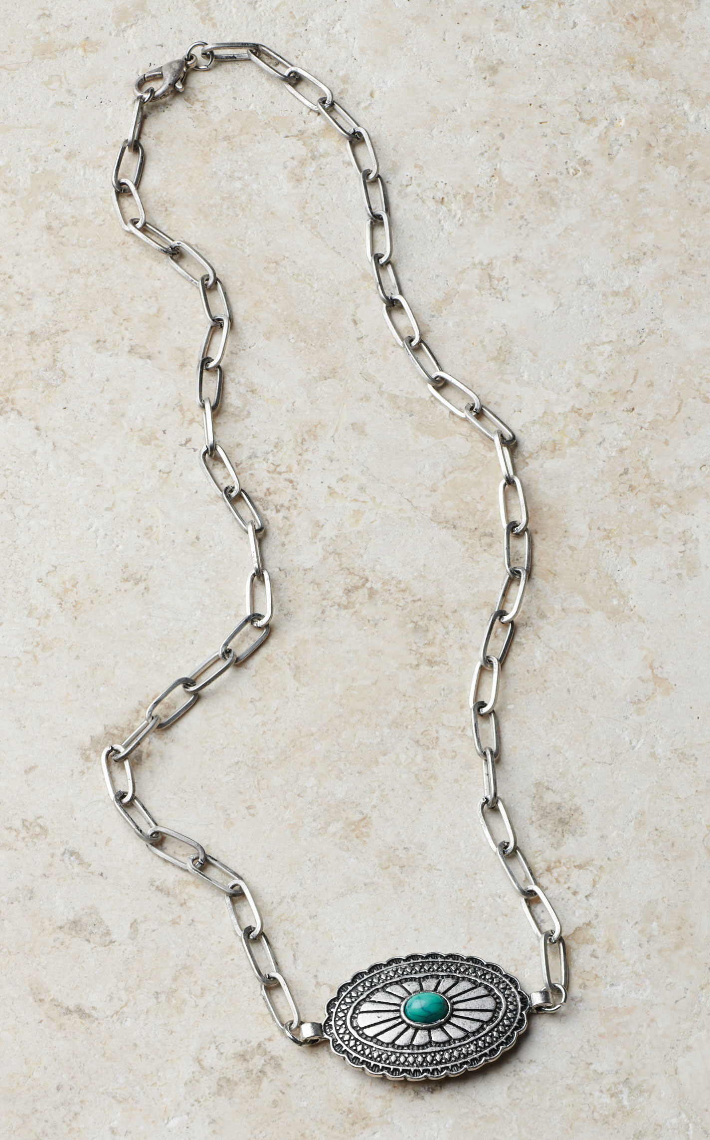 Rockin C Silver Concho Turquoise Stone Paperclip Chain Necklace - Image 1