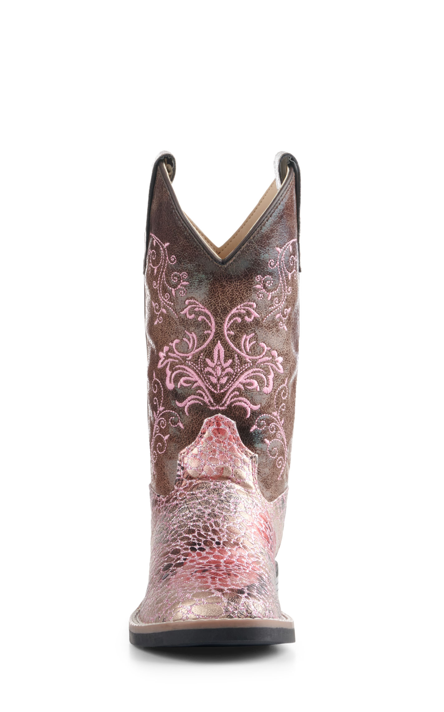 Old West Kids Brown and Crackle Antique Pink Square Toe Cowboy Boots - Image 1