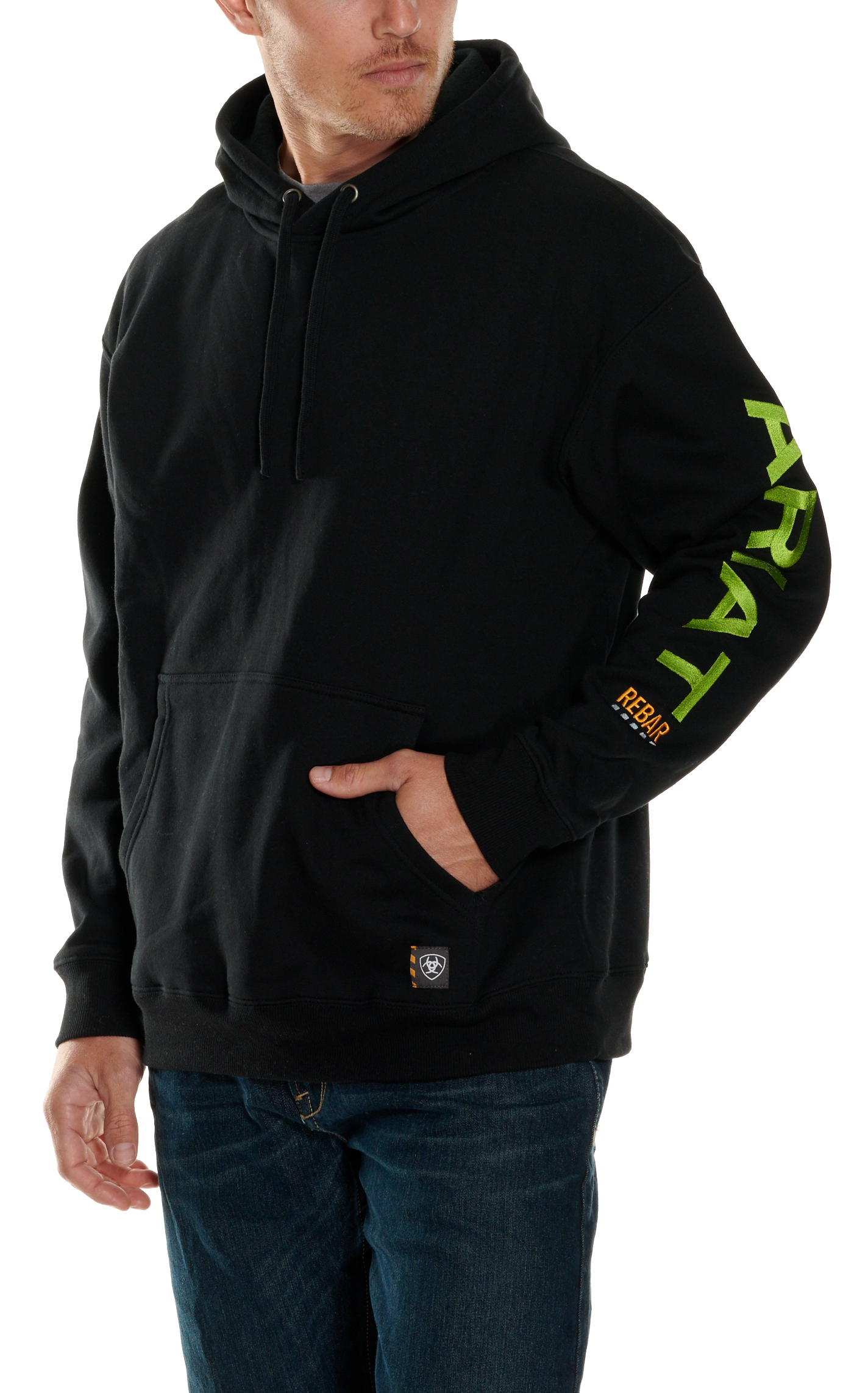 Ariat Men's Rebar 10 OZ All Weather Black with Lime Green Logo Work Hoodie - Image 1