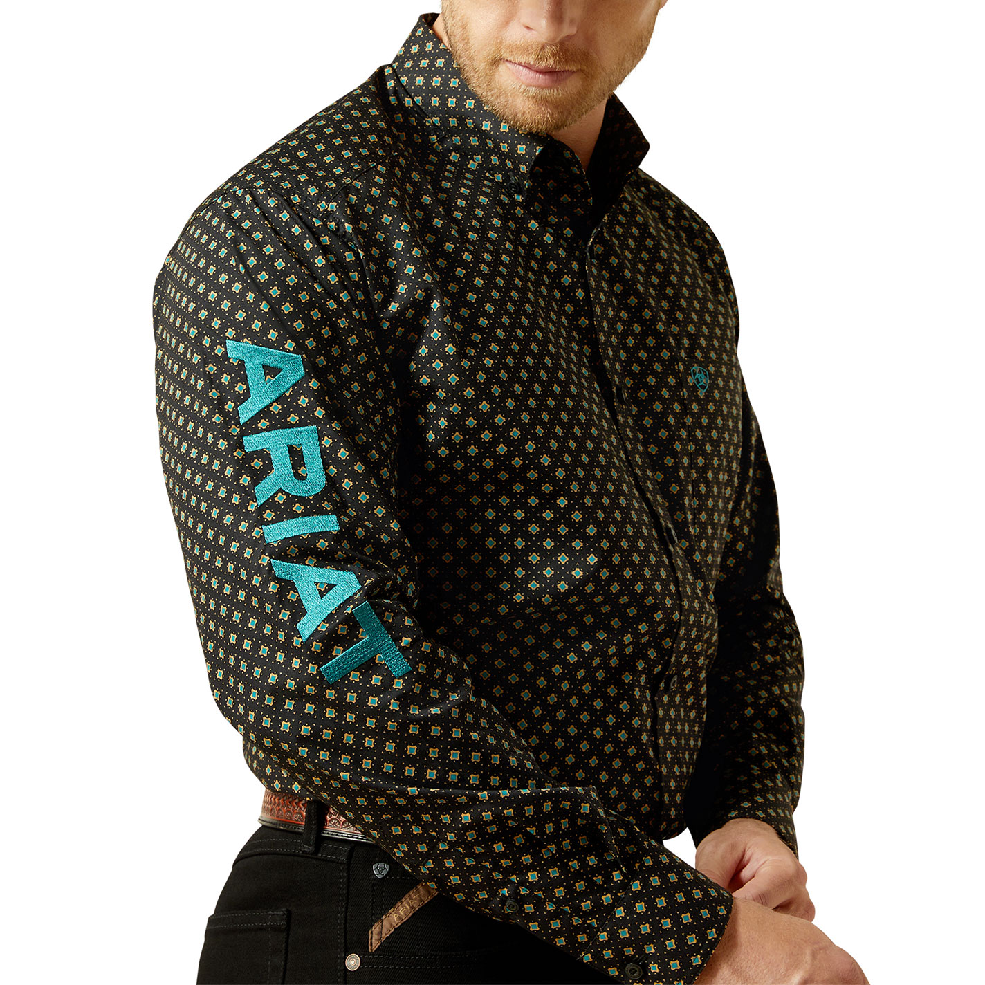 Ariat Men's Team Black & Teal Geo-Print Logo Shirt - Image 1