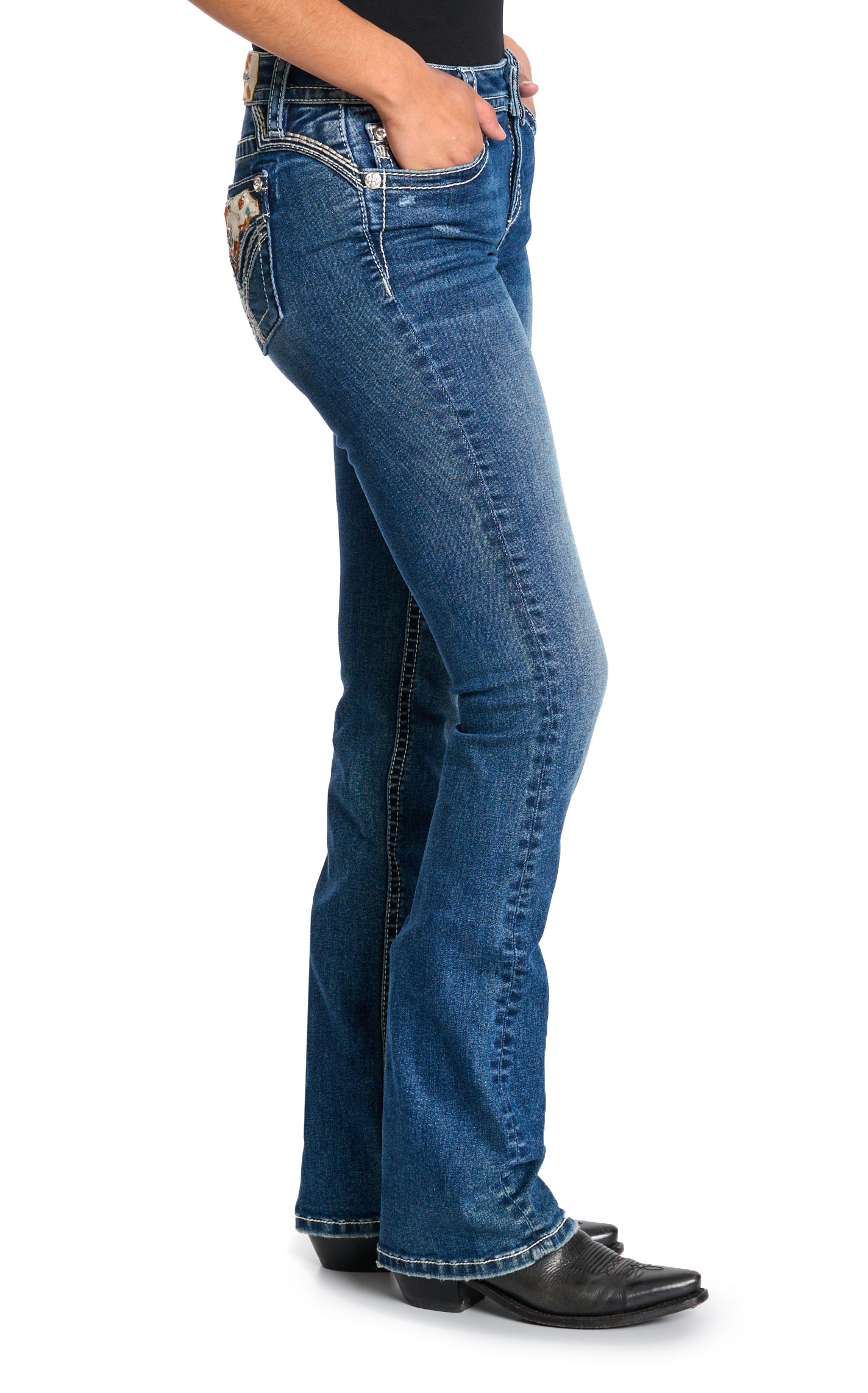 Miss Me Women's Dark Wash Hair On Hide Faux Flap Pockets Bootcut Jeans - 34\