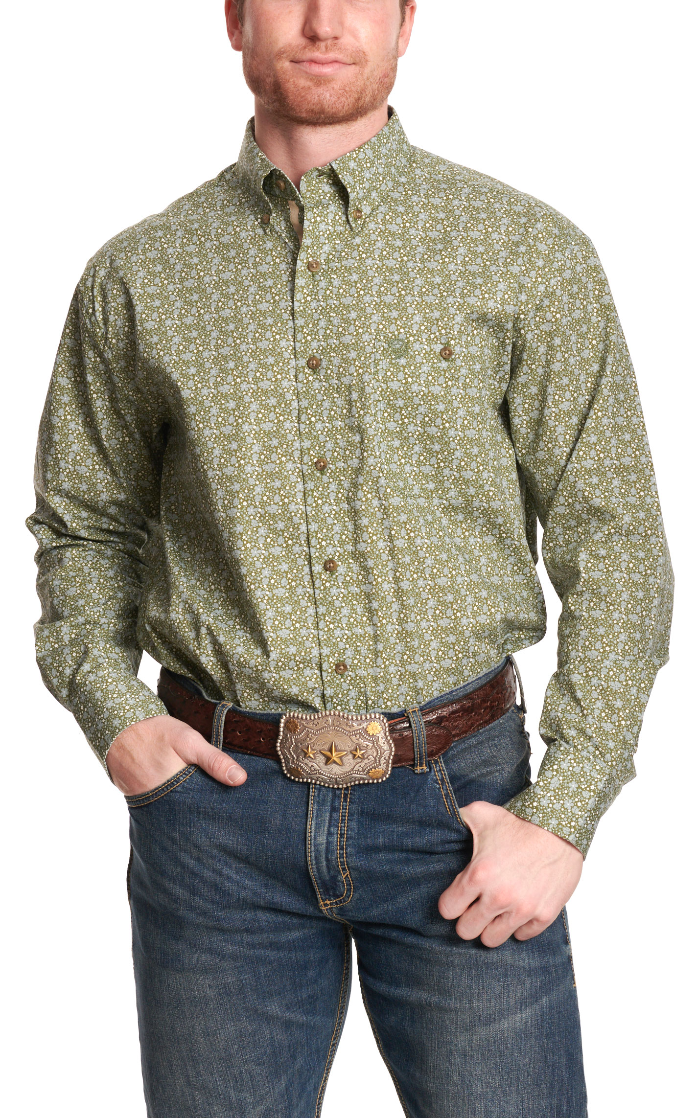 Wrangler George Strait Collection Men's Olive Floral Western Shirt - Image 1