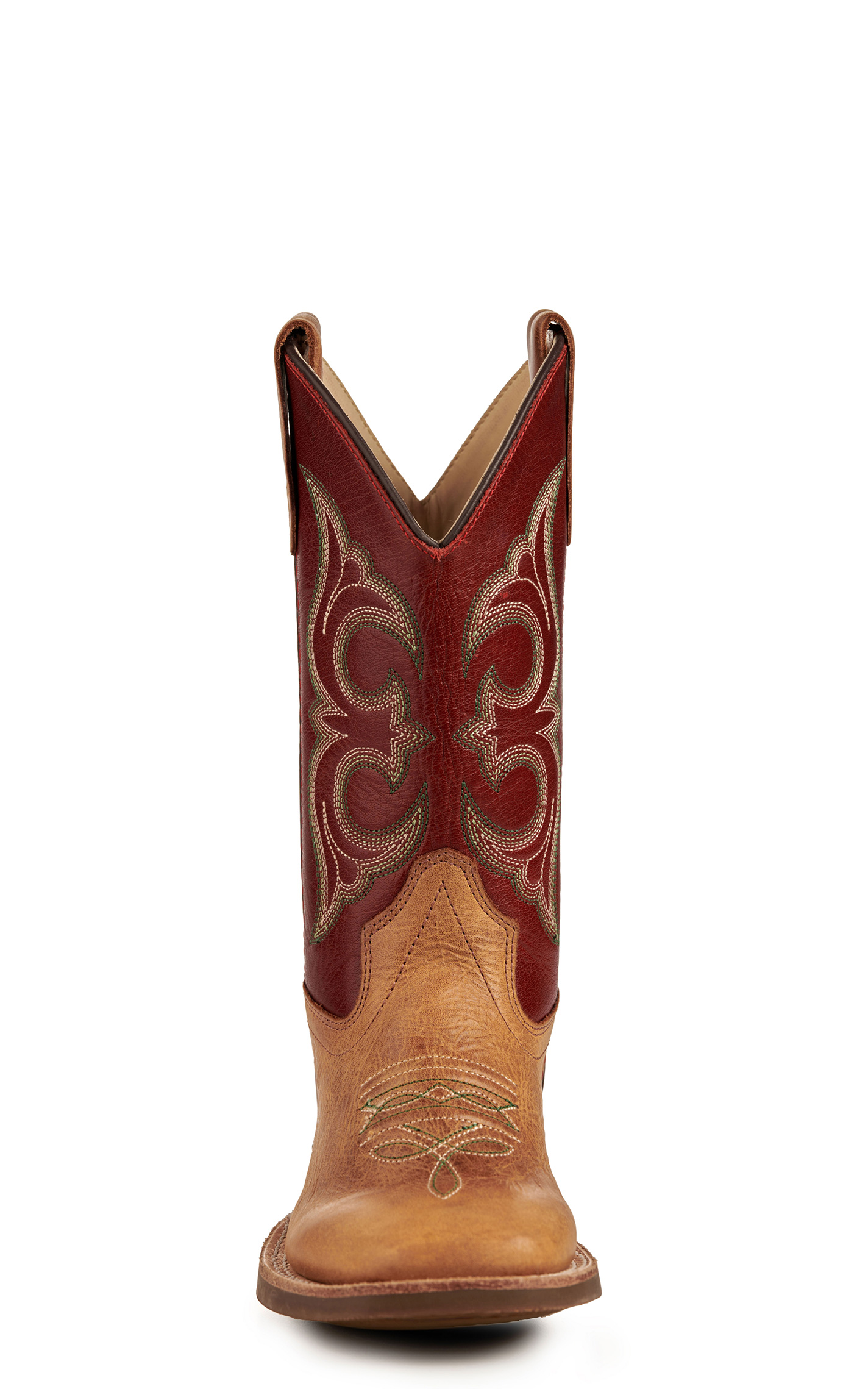 Old West Kid's Cactus Tan and Red Wide Square Toe Cowboy Boots - Image 1