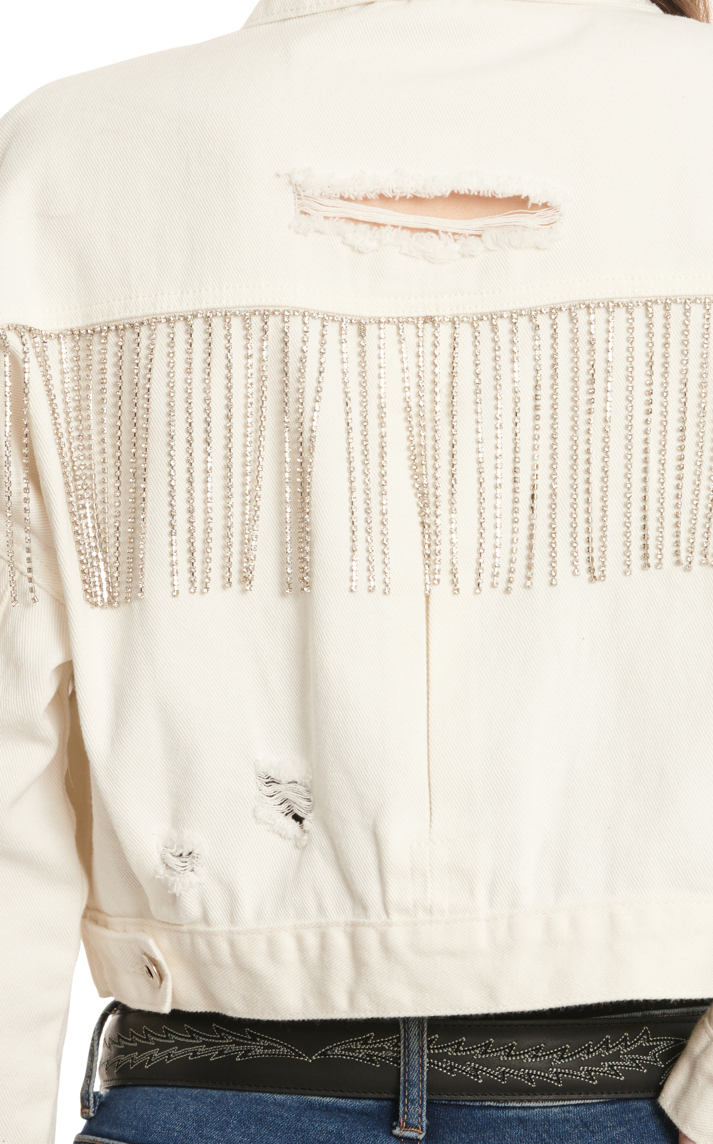 Blue B Women's White Distressed Denim & Metallic Fringe Cropped Jacket - Image 1