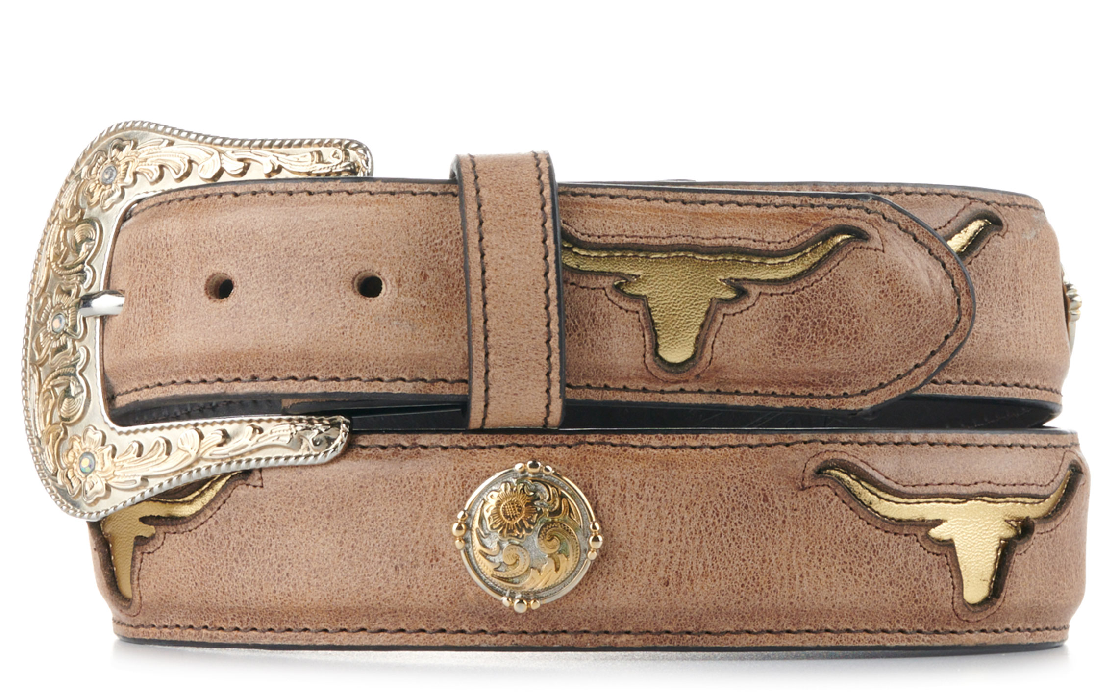 Cavender's Women's Taupe with Gold Longhorn Inlays and Conchos Belt - Image 1