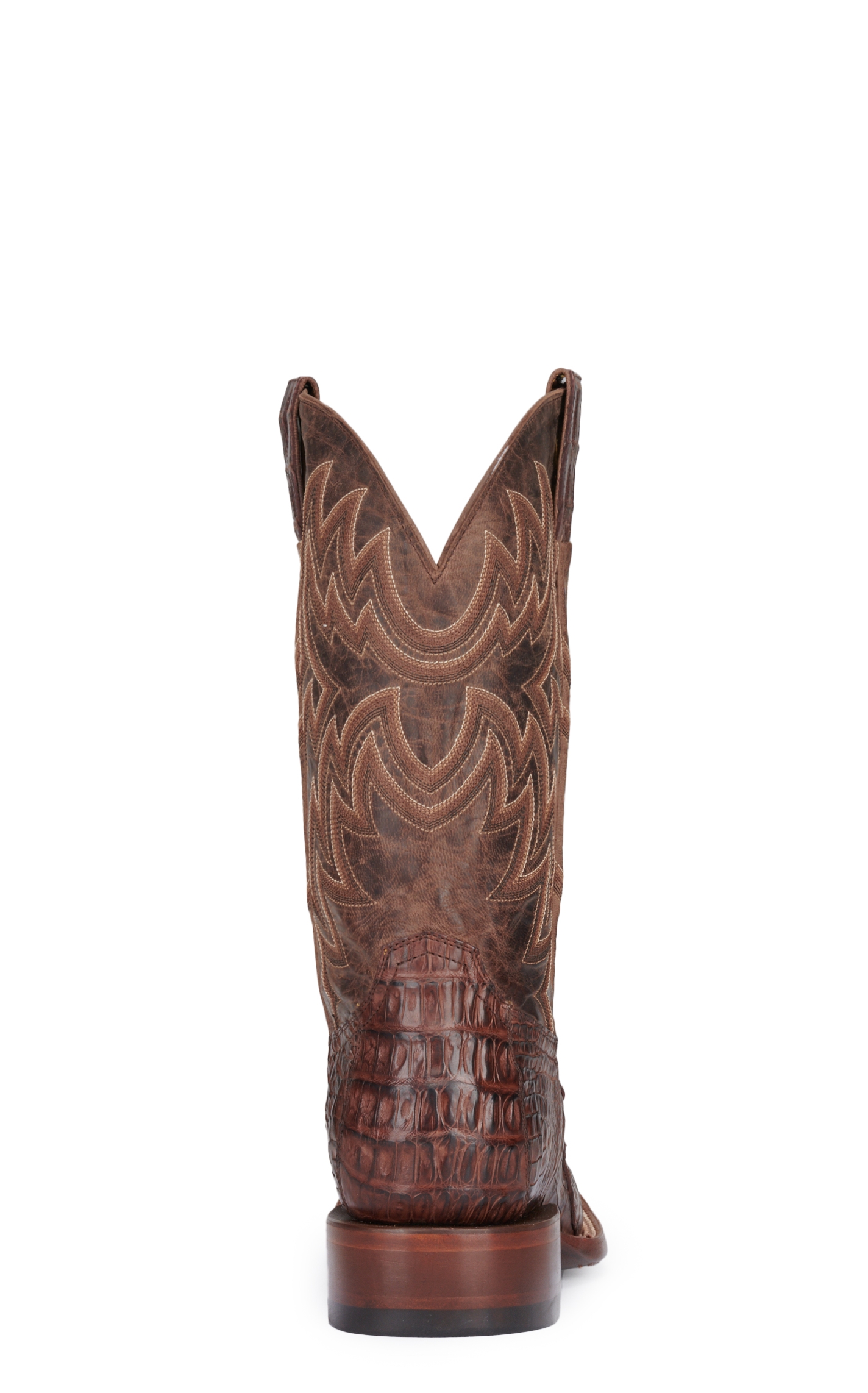 Cavender's Men's Chocolate and Cigar Reverse Caiman Tail Wide Square Toe Exotic Cowboy Boots - Image 1
