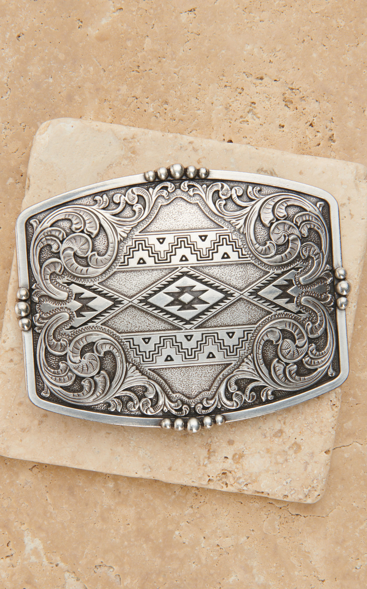 Nocona Silver Rectangle Aztec and Scrolling Belt Buckle - Image 1