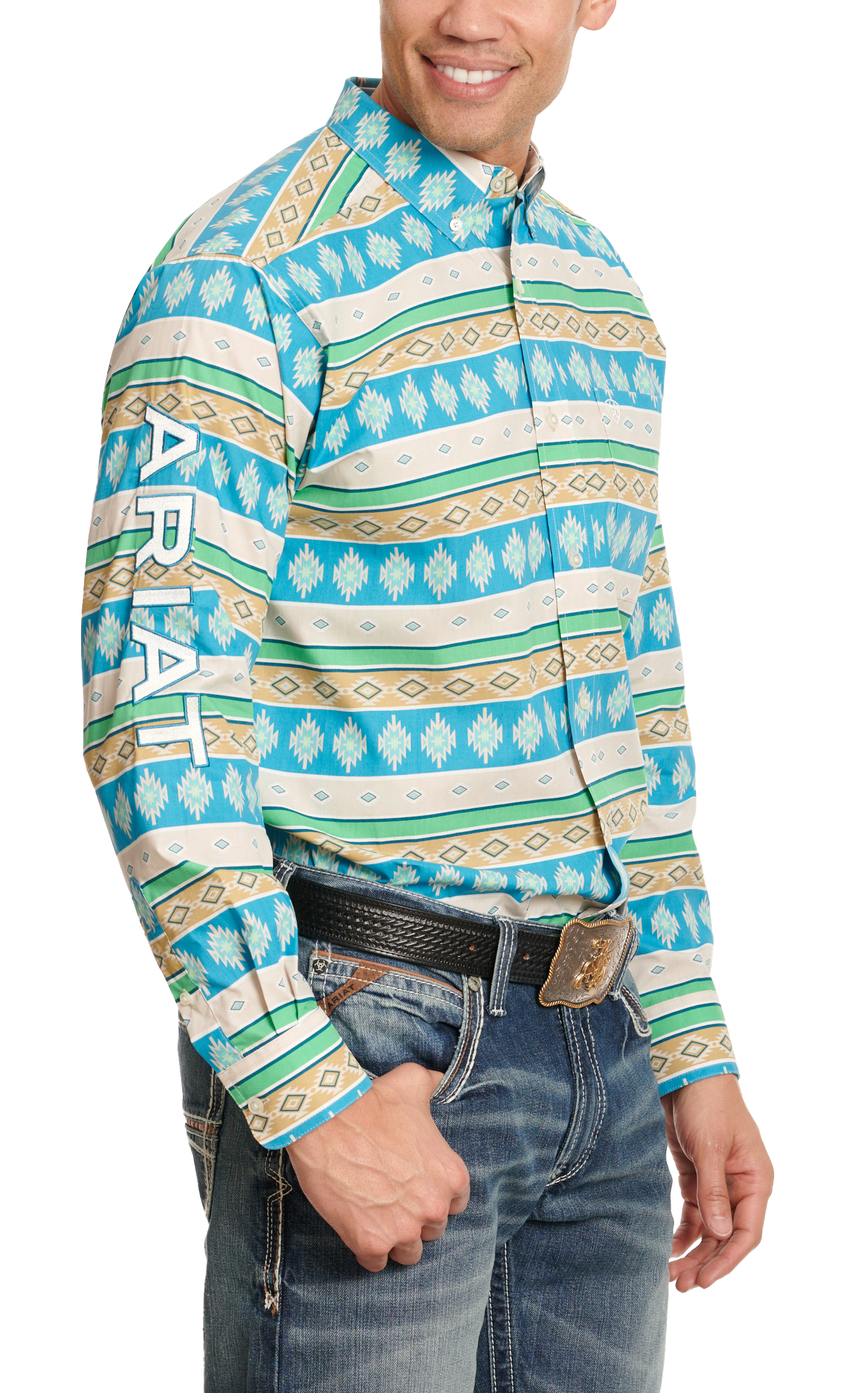 Ariat Men's Team Christian Turquoise Multi-Colored Aztec Print Long Sleeve Western Shirt - Image 1