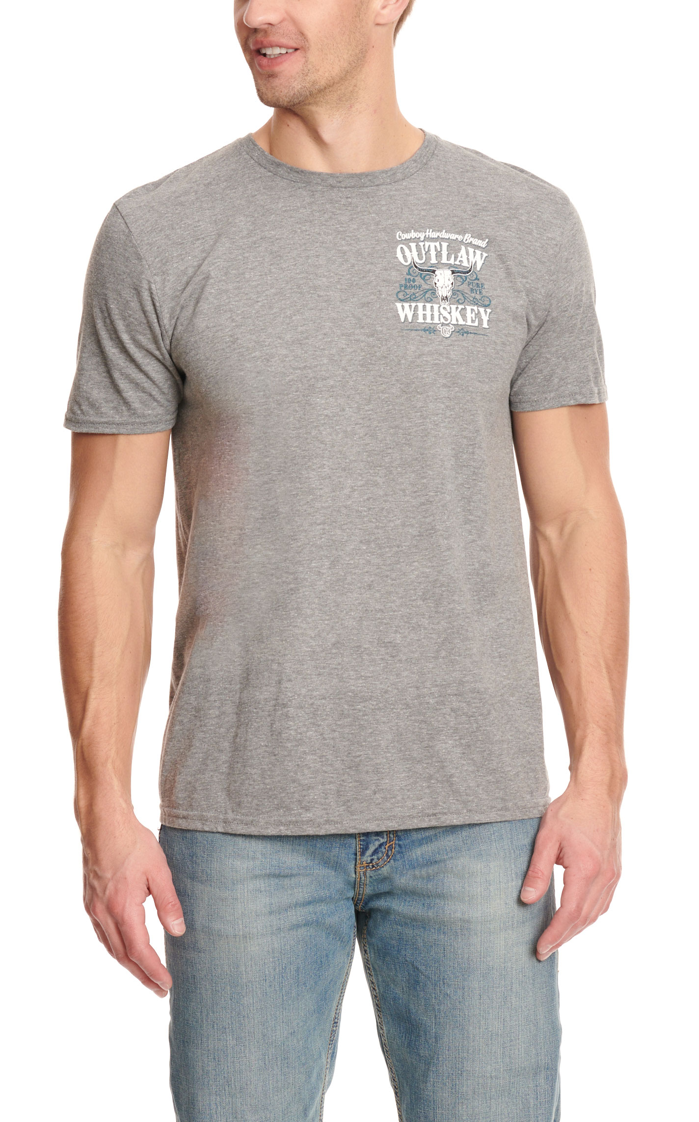 Cowboy Hardware Men's Gray Outlaw Whiskey Skull Logo Graphic Short Sleeve T-Shirt - Image 1