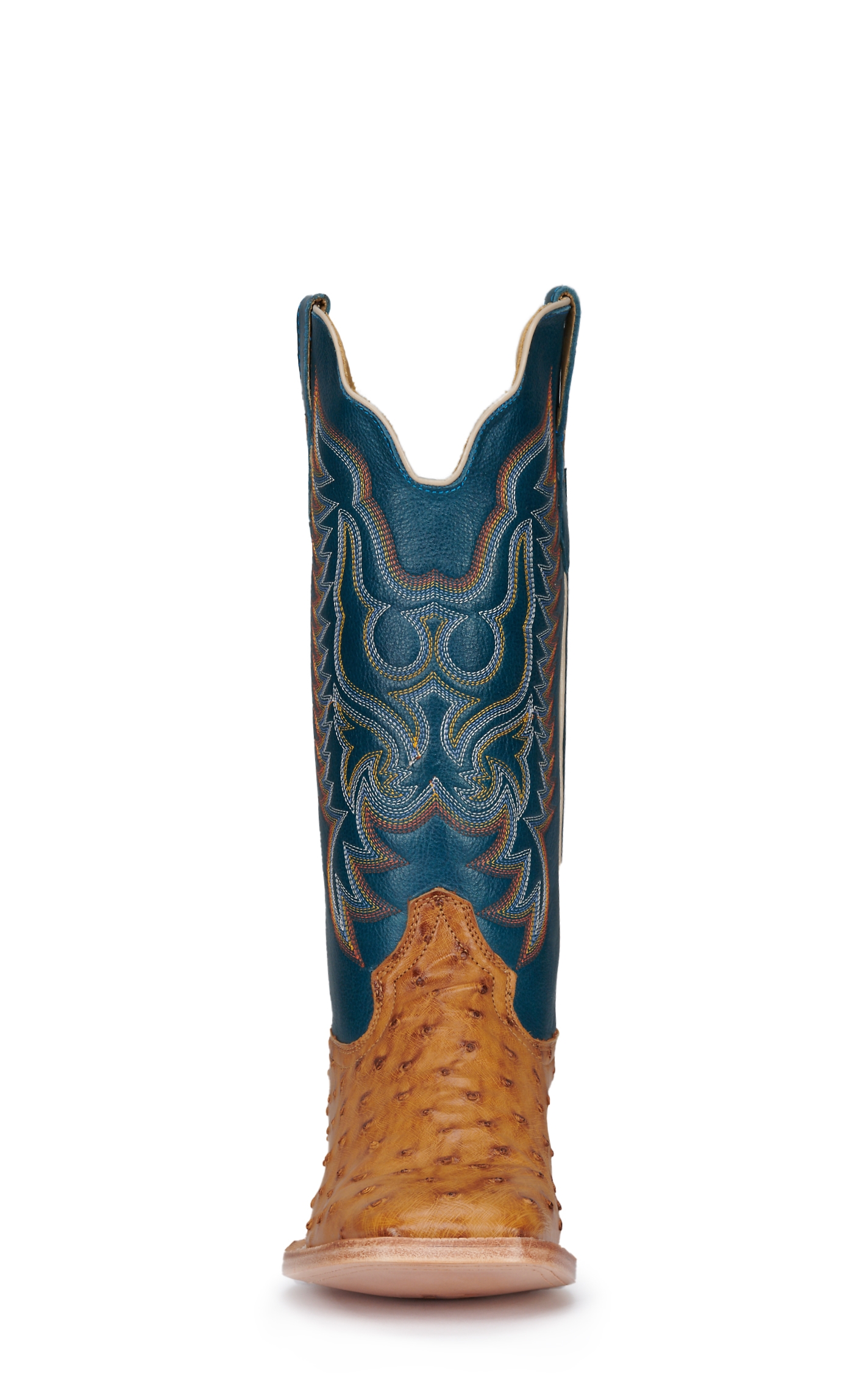 R Watson Men's Antique Saddle Full Quill Ostrich and Royal Blue Wide Square Toe Exotic Cowboy Boots - Image 1