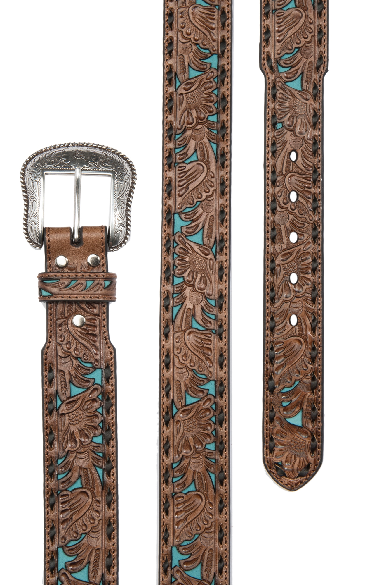 Nocona Men's Tan and Turquoise Inlay Floral Western Belt - Image 1