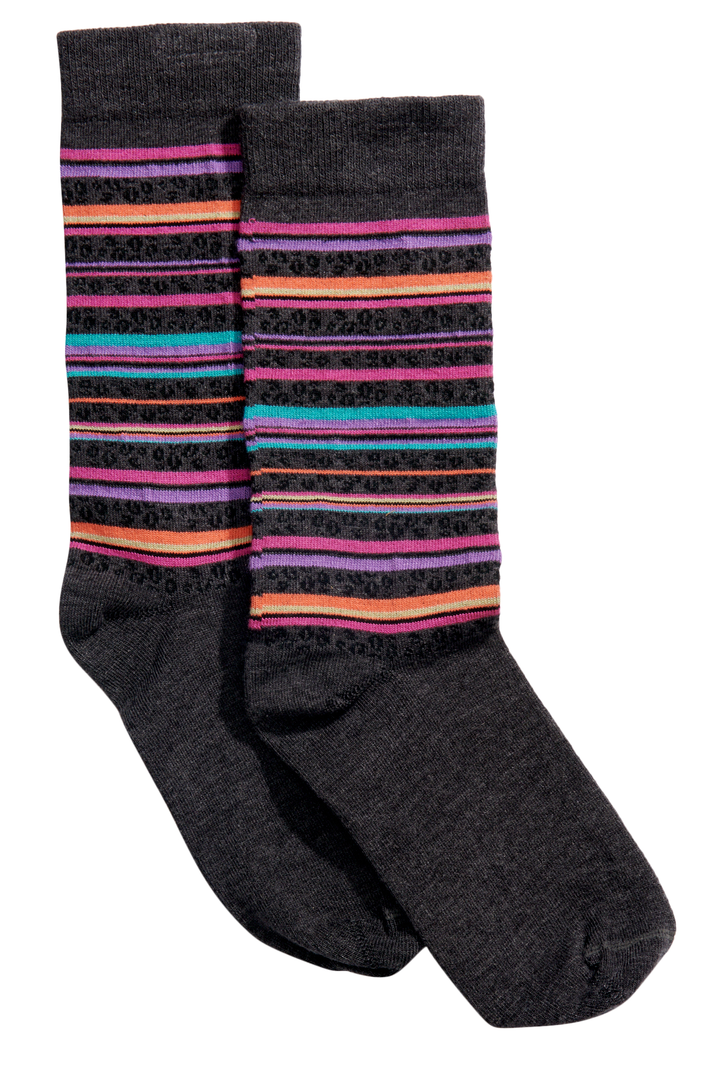 Boot Doctor Women's Charcoal & Black Leopard Print Colorful Stripe Crew Socks - Image 1