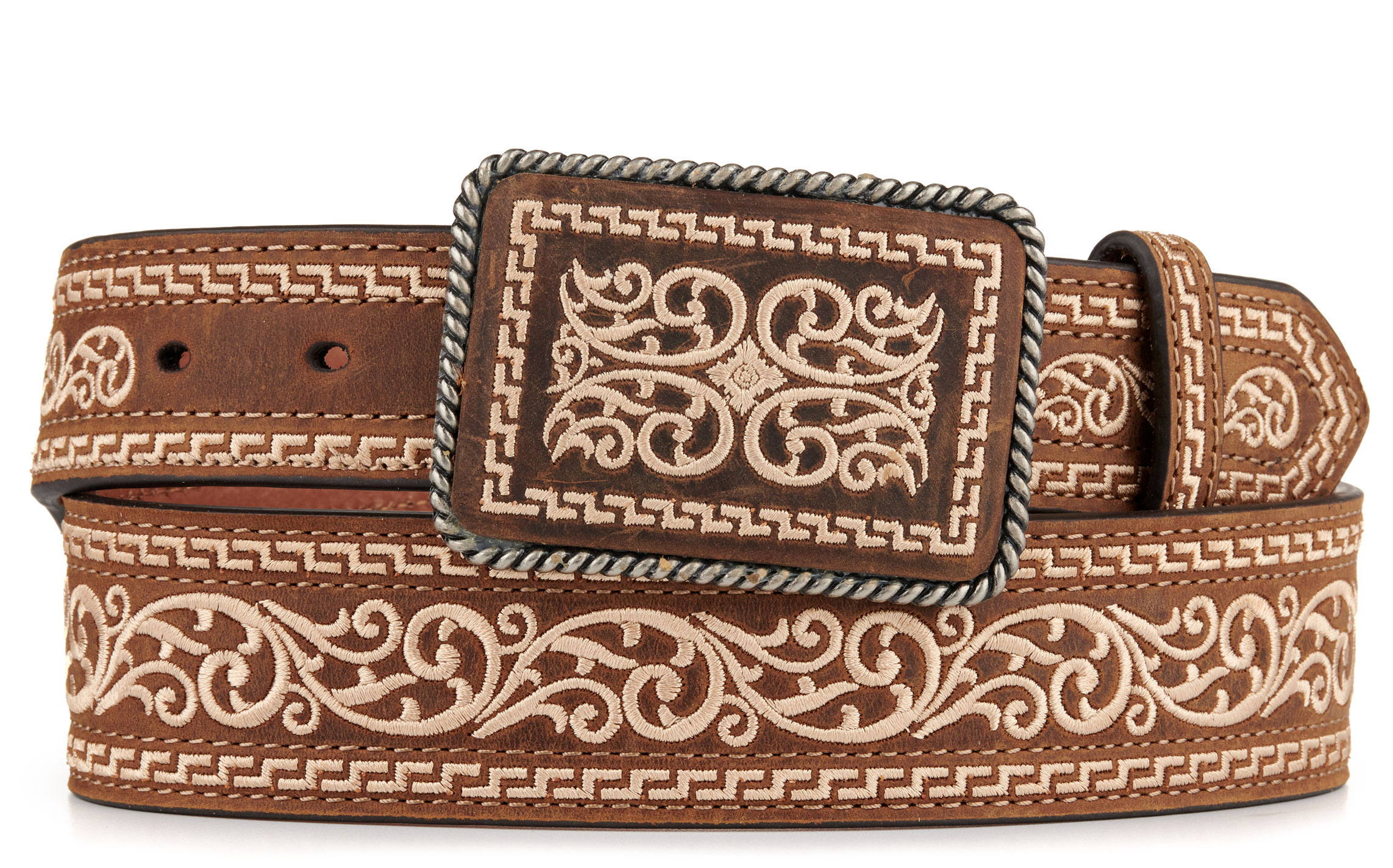 Nocona Men's Brown Intricately Embroidered Buckle and Western Belt - Image 1