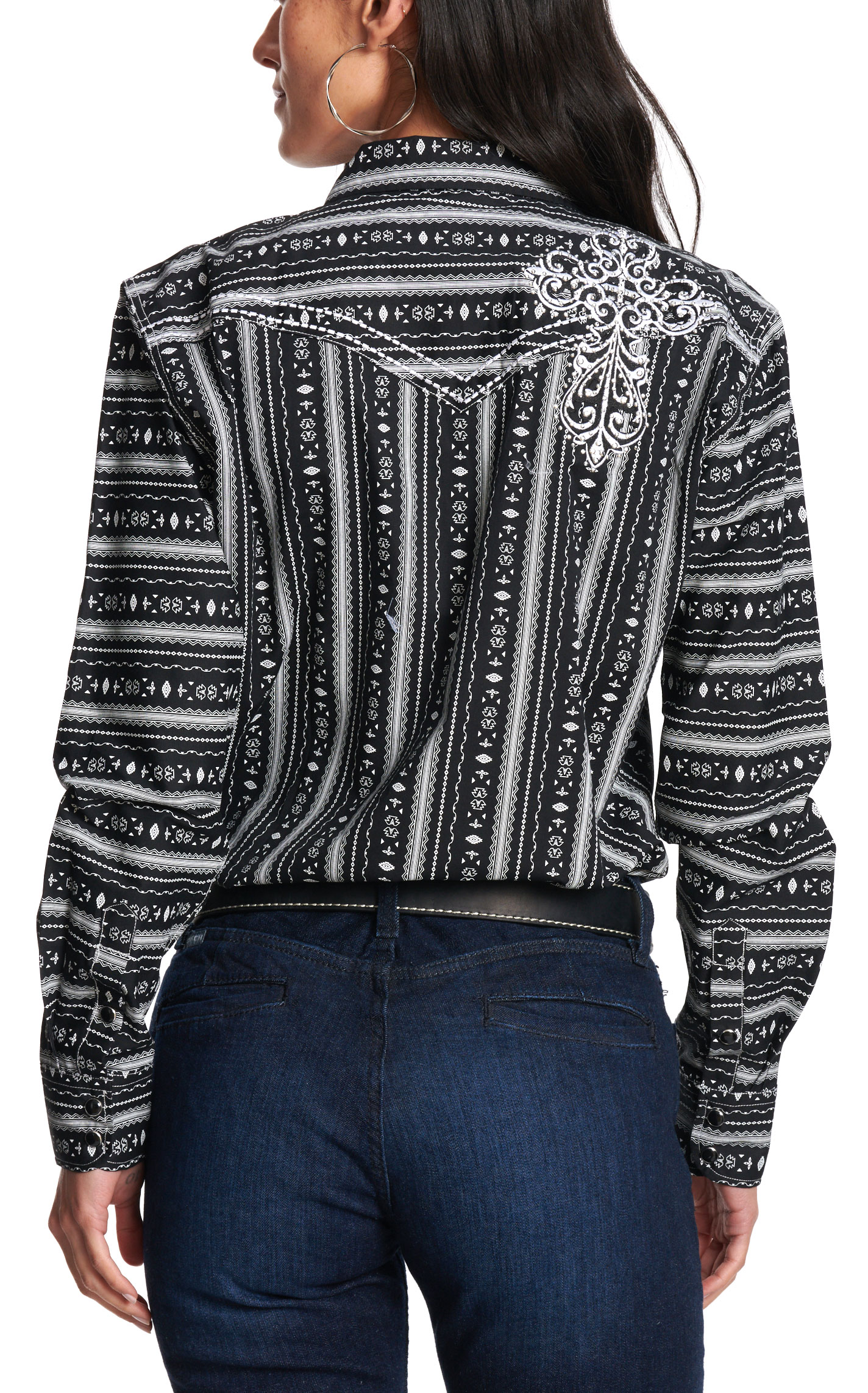Cowgirl Hardware Women’s Black Striped Aztec Cross Western Shirt - Image 1